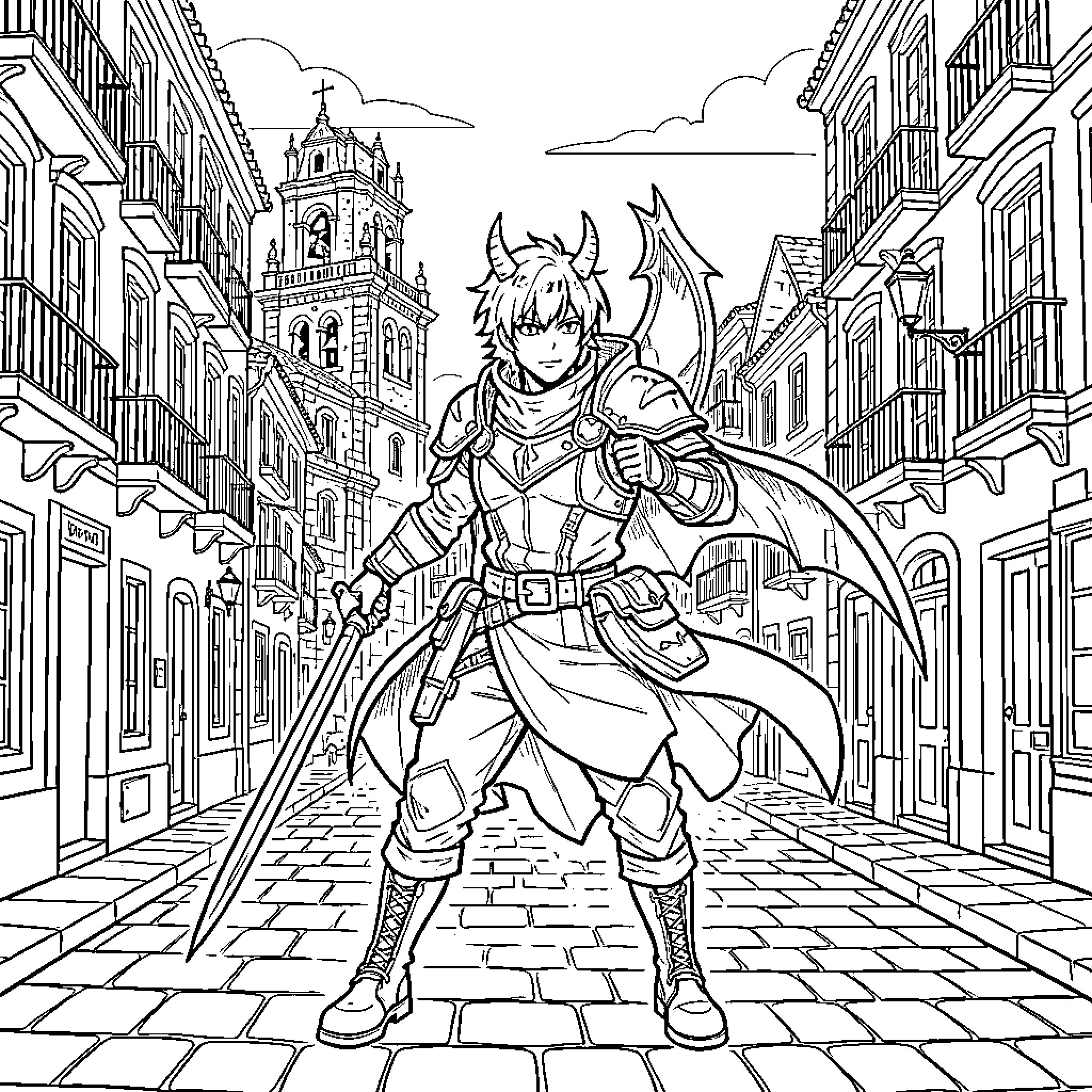 Kpop style fantasy character posing with a sword Coloring Page (free black-and-white line drawing printable PDF for all, from beginners to advanced learners, including children, teens, adults, and seniors)
