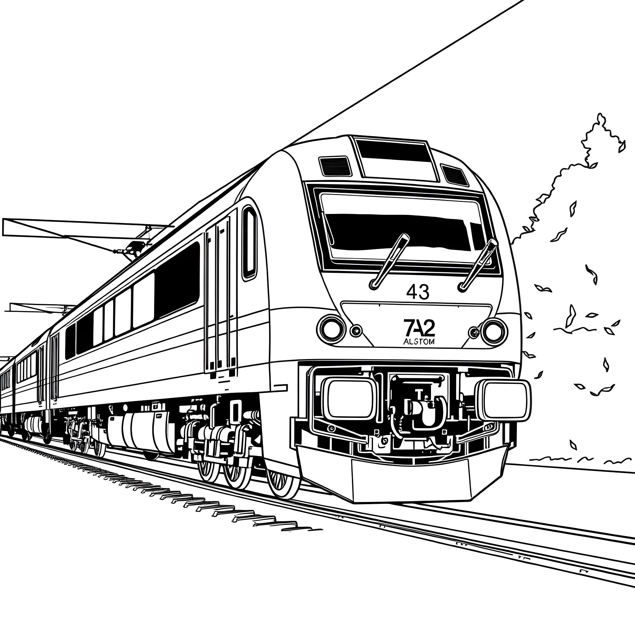Locomotive speeding along the railway tracks Coloring Page (free black-and-white line drawing printable PDF for all, from beginners to advanced learners, including children, teens, adults, and seniors)
