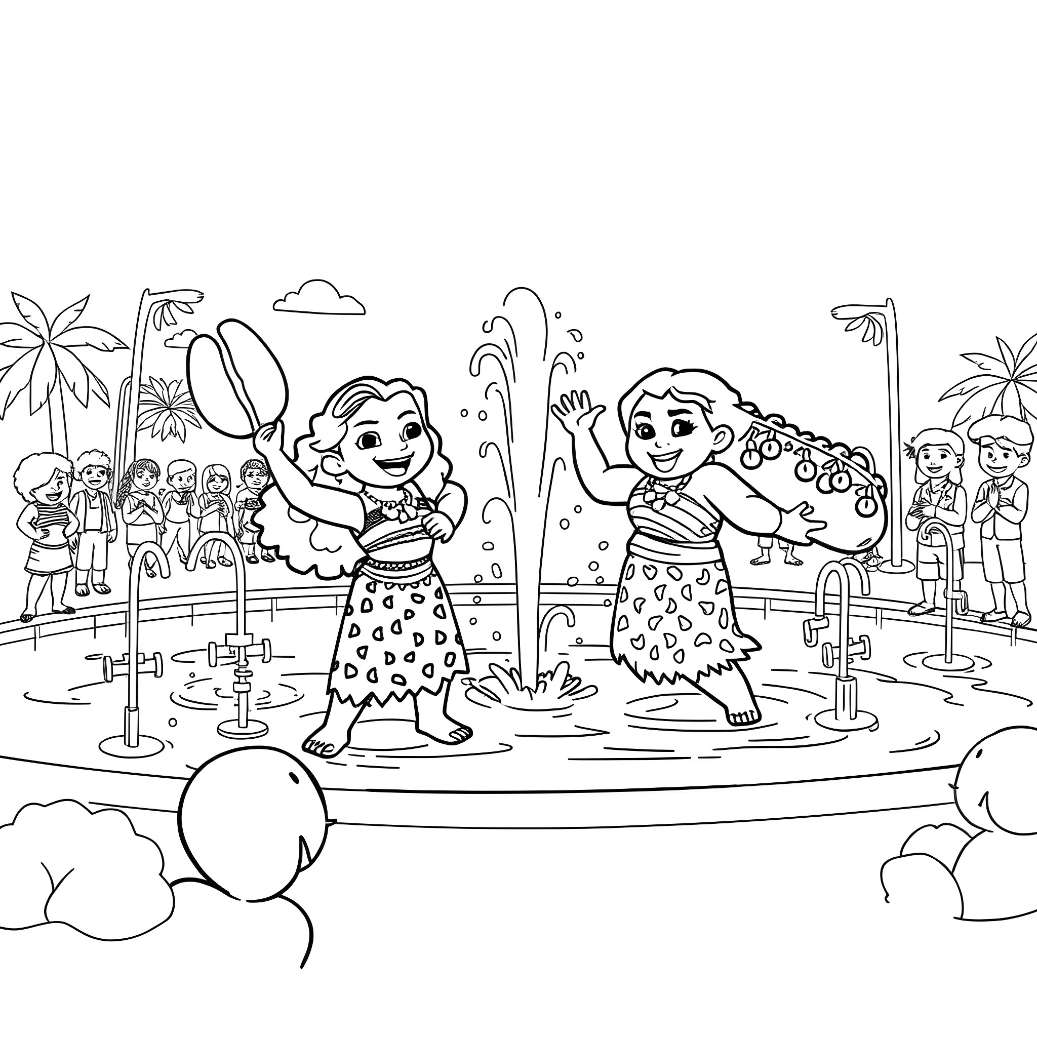 Moana and Maui enjoying a lively celebration with friends Coloring Page (free black-and-white line drawing printable PDF for all, from beginners to advanced learners, including children, teens, adults, and seniors)
