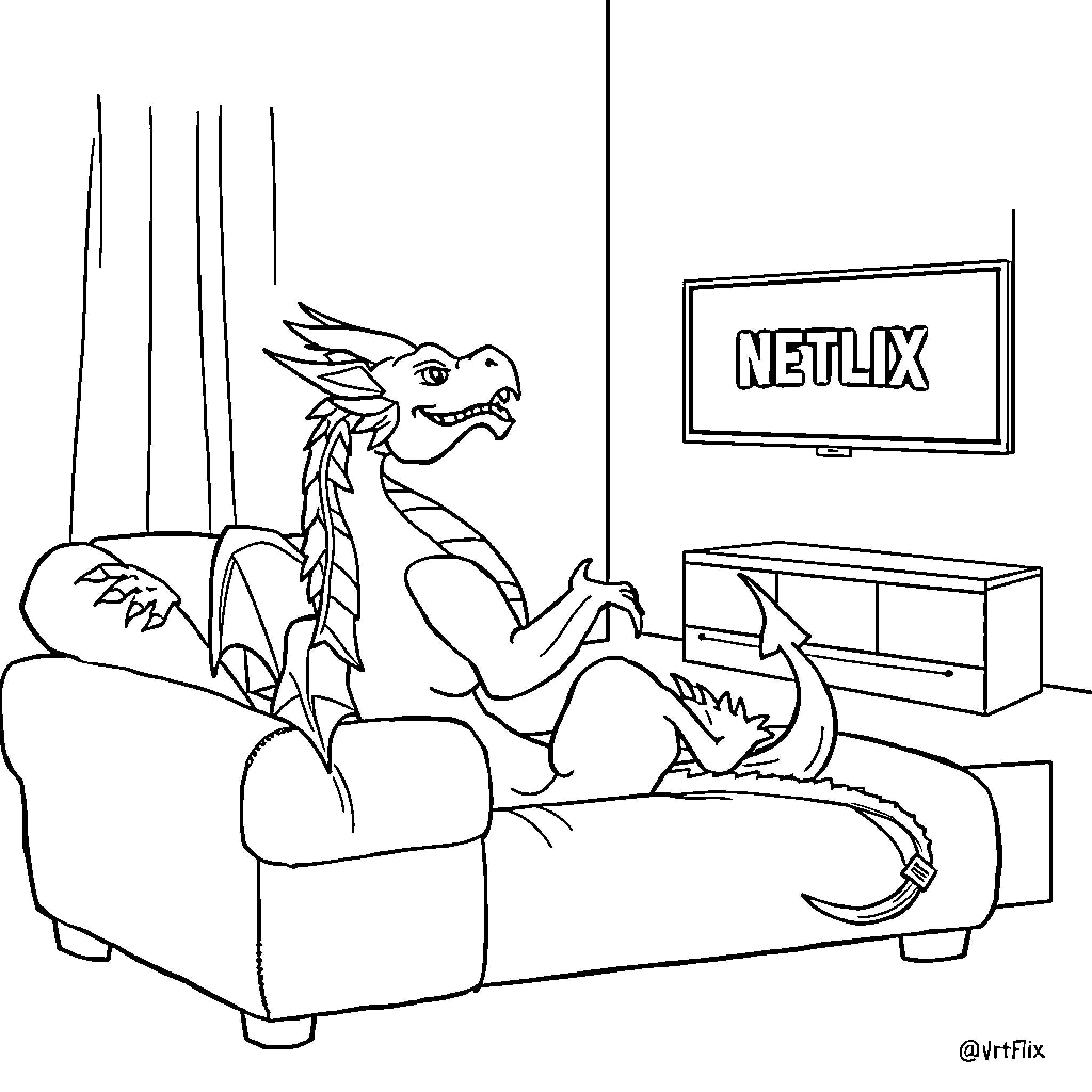 Dragon relaxing on couch watching Netflix Coloring Page (free black-and-white line drawing printable PDF for all, from beginners to advanced learners, including children, teens, adults, and seniors)
