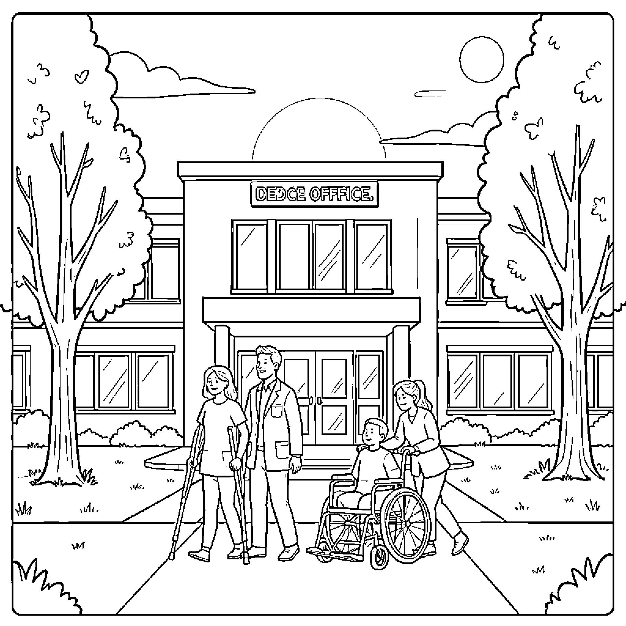 Medical Office Building with Diverse Patients and Staff Coloring Page (free black-and-white line drawing printable PDF for all, from beginners to advanced learners, including children, teens, adults, and seniors)