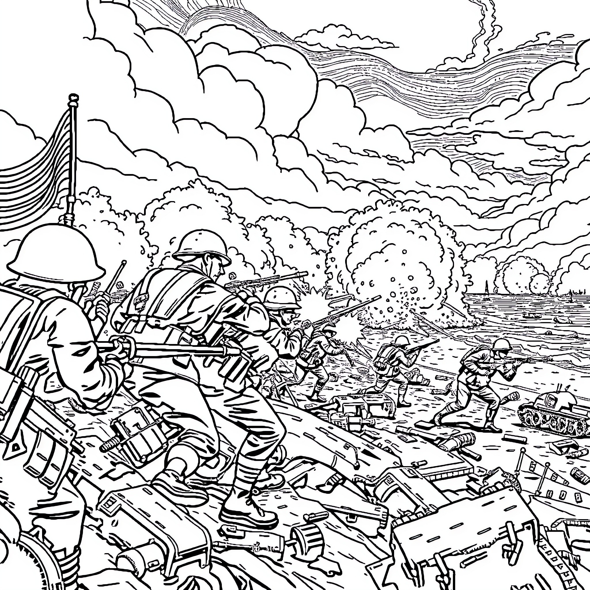 World War 2 Soldiers in Intense Battle on Battlefield Coloring Page (free black-and-white line drawing printable PDF for all, from beginners to advanced learners, including children, teens, adults, and seniors)
