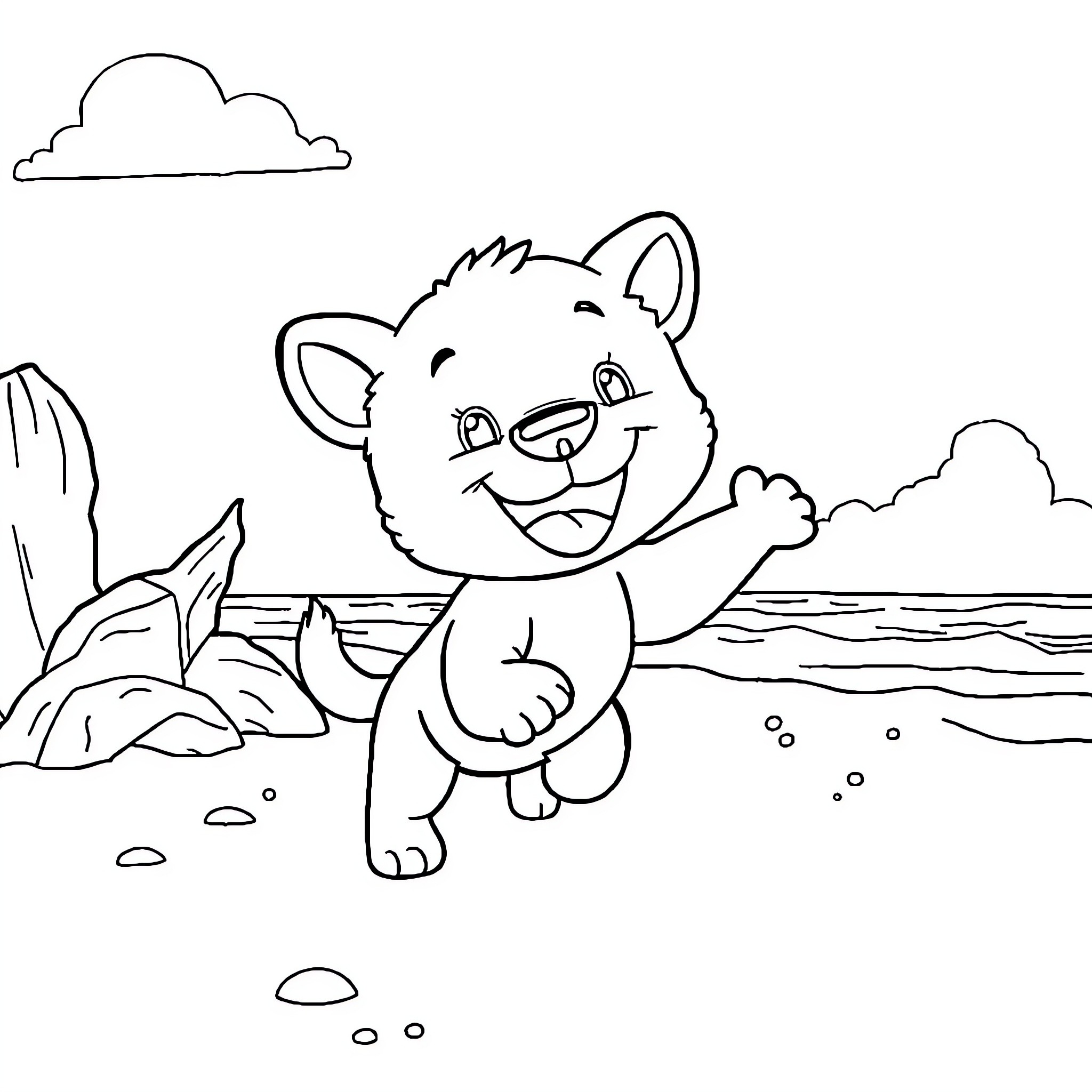 Labubu exploring the beach happily Coloring Page (free black-and-white line drawing printable PDF for all, from beginners to advanced learners, including children, teens, adults, and seniors)