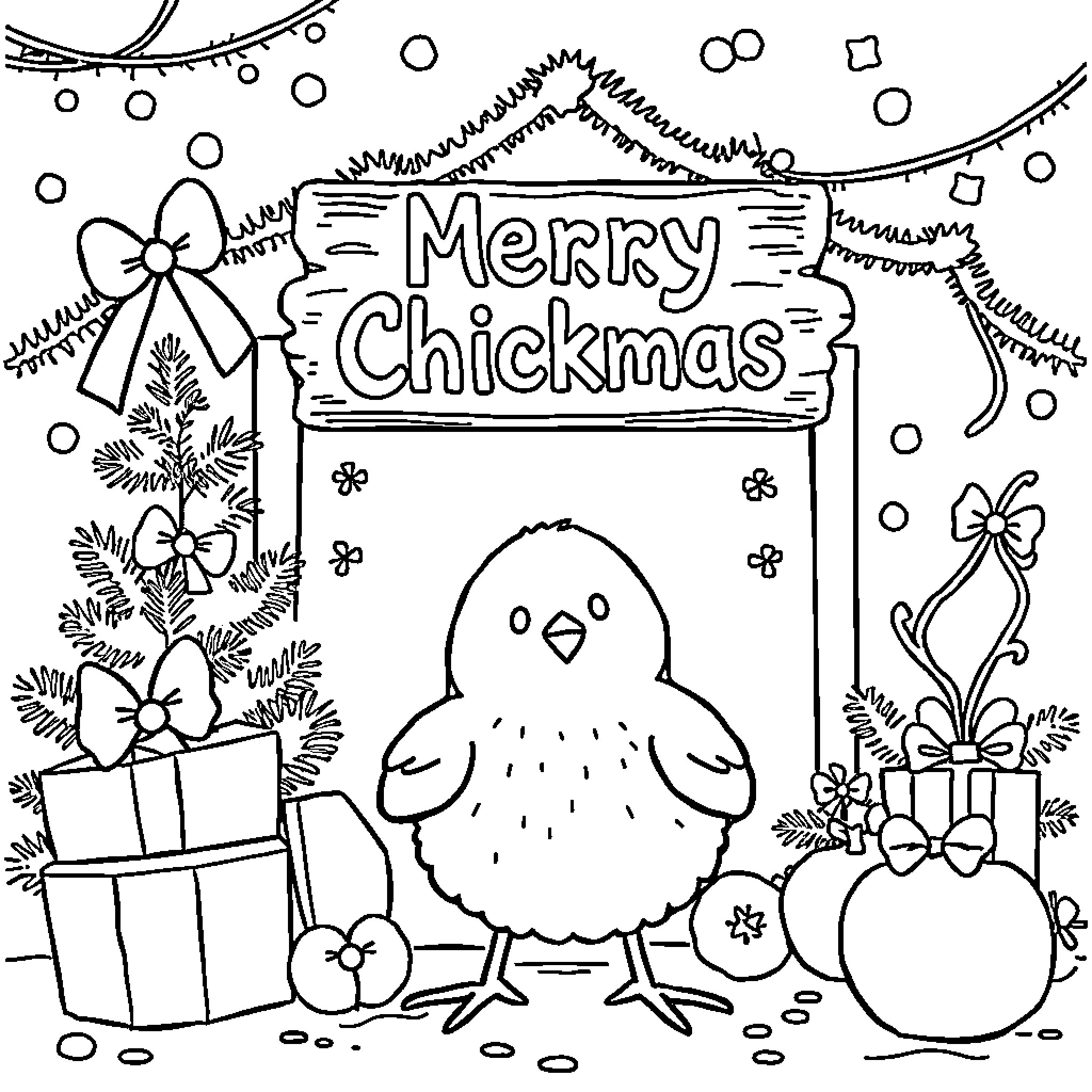 Chick celebrating Merry Chickmas with festive decorations Coloring Page (free black-and-white line drawing printable PDF for all, from beginners to advanced learners, including children, teens, adults, and seniors)