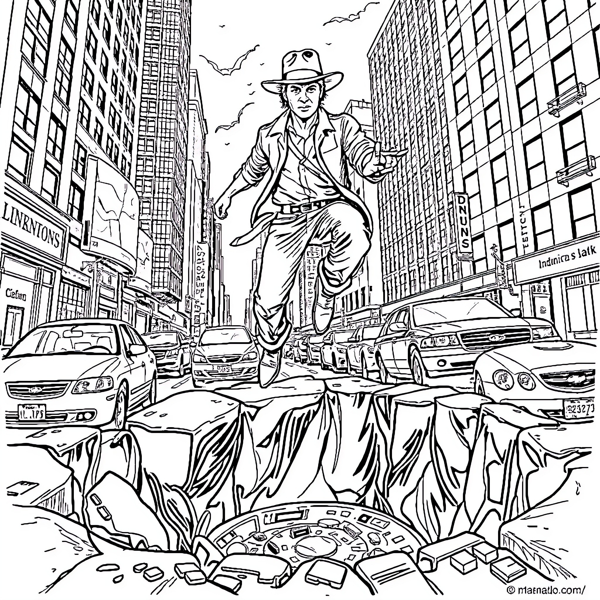 Indiana Jones exploring an urban jungle Coloring Page (free black-and-white line drawing printable PDF for all, from beginners to advanced learners, including children, teens, adults, and seniors)