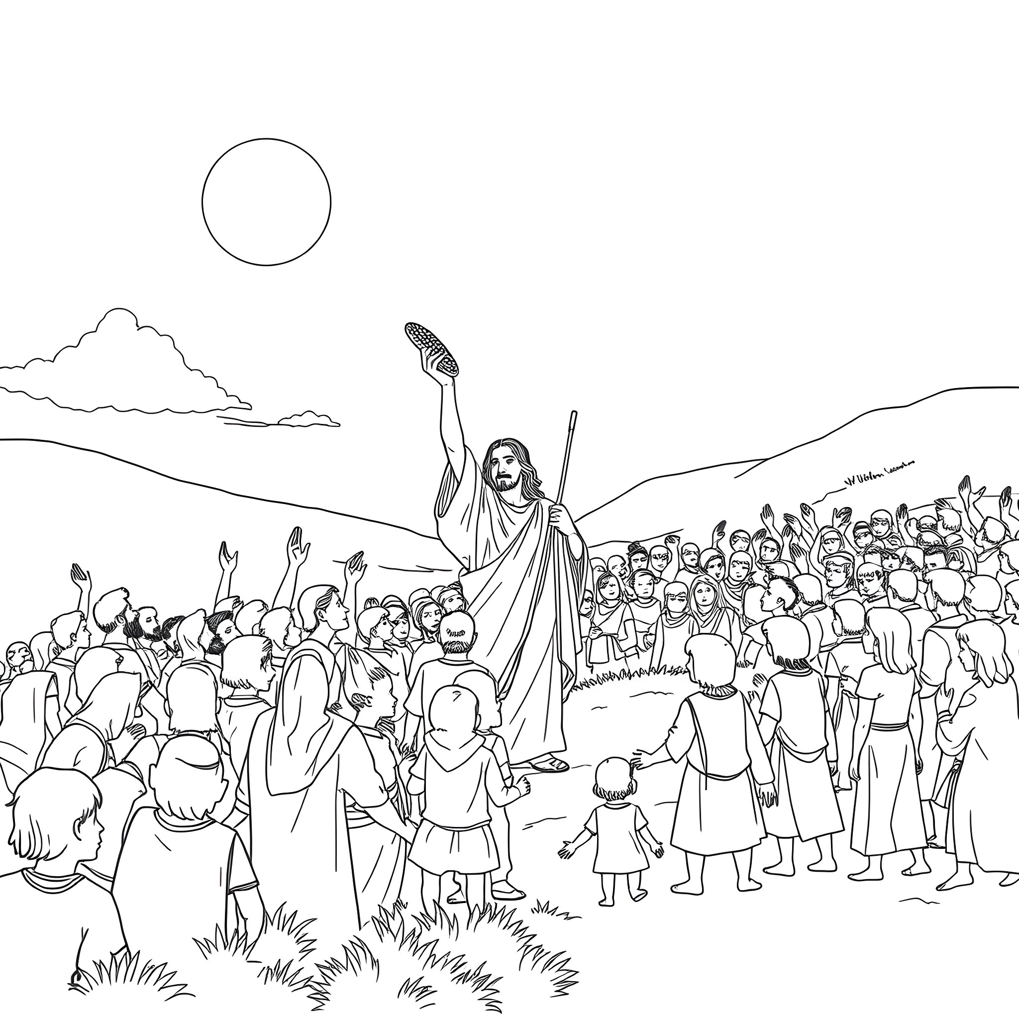 Feeding of the 5000 - Crowd gathered to witness a miraculous event Coloring Page (free black-and-white line drawing printable PDF for all, from beginners to advanced learners, including children, teens, adults, and seniors)