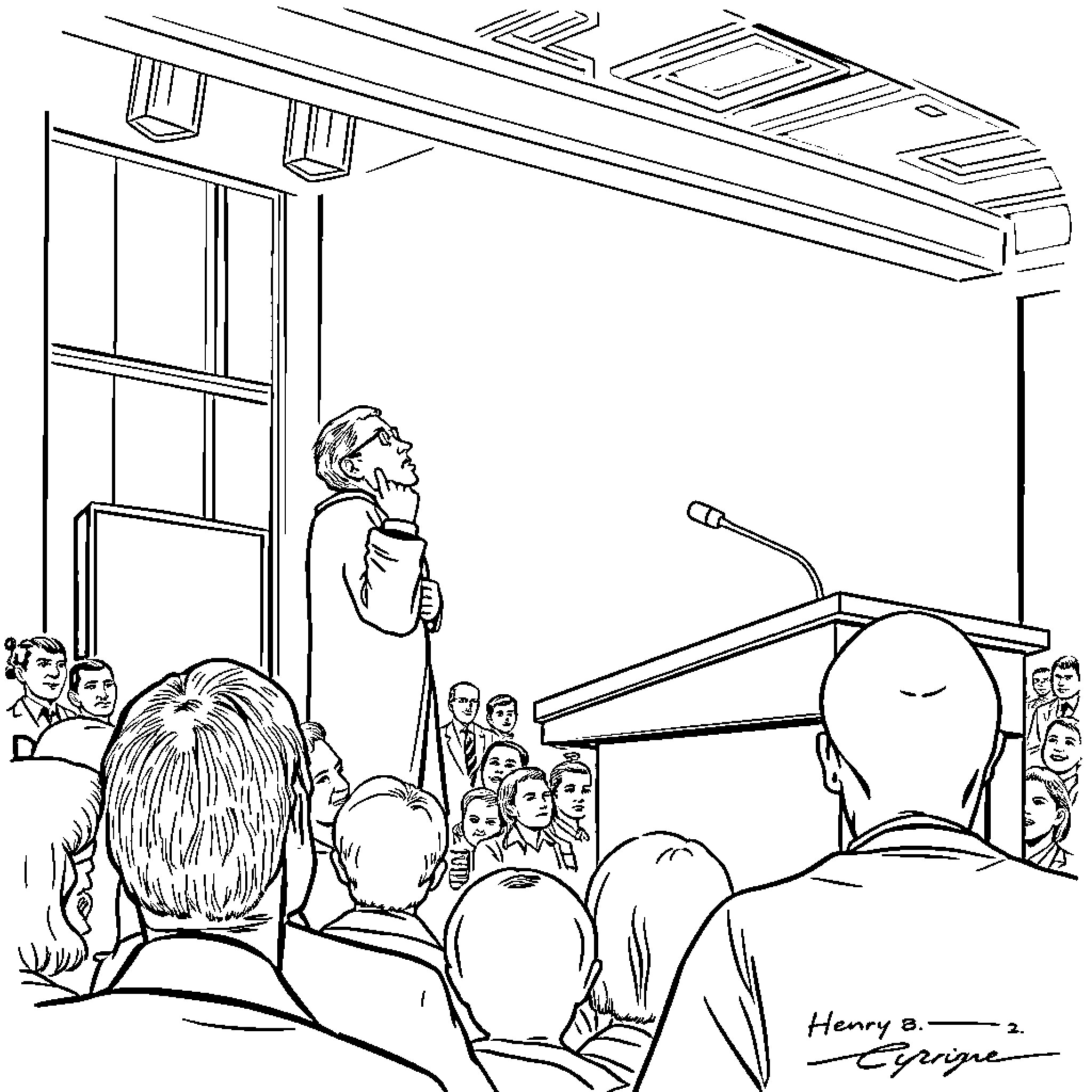 Henry B Eyring speaking to an audience in a lecture hall Coloring Page (free black-and-white line drawing printable PDF for all, from beginners to advanced learners, including children, teens, adults, and seniors)