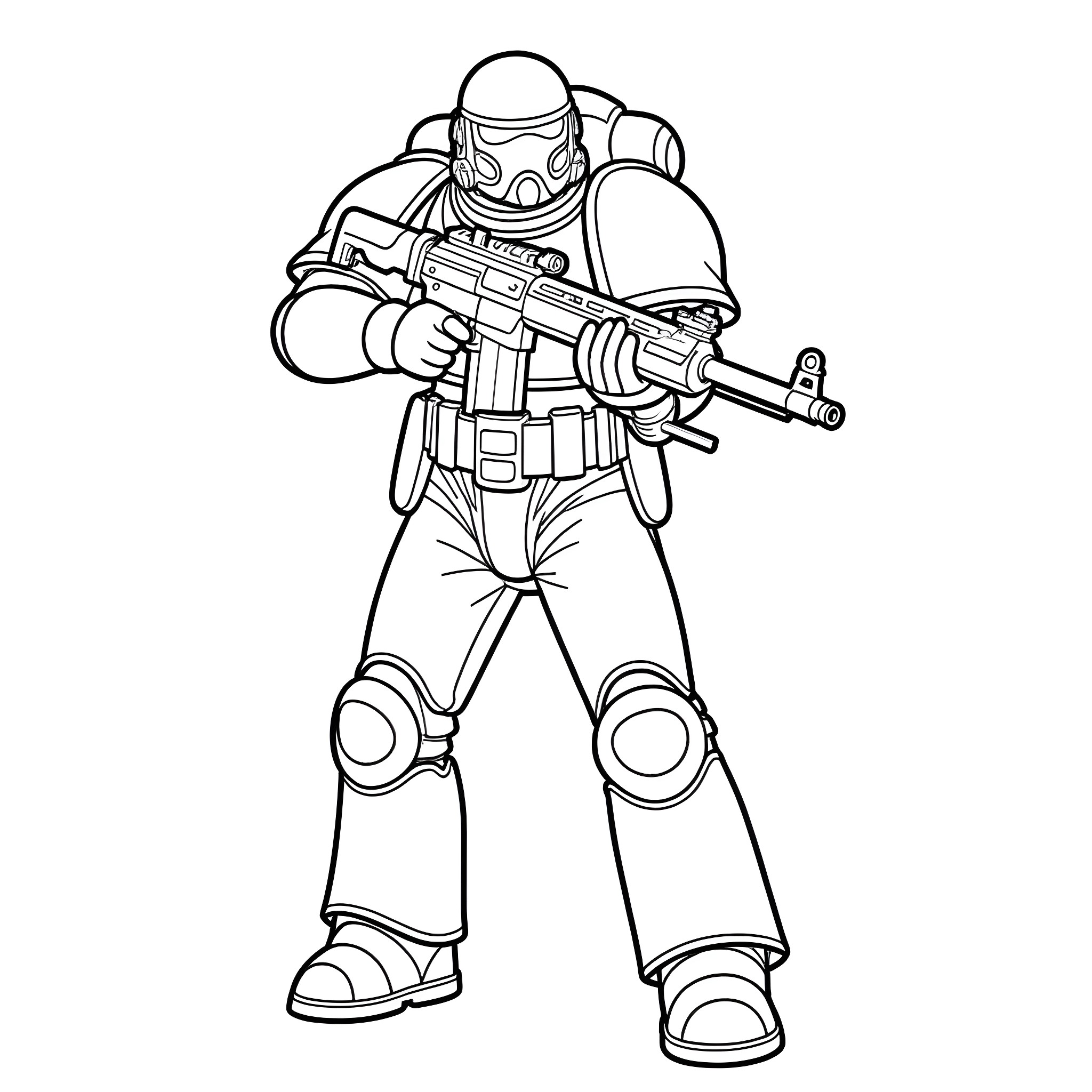Adeptus Astartes Warrior Brandishing Firearm Coloring Page (free black-and-white line drawing printable PDF for all, from beginners to advanced learners, including children, teens, adults, and seniors)
