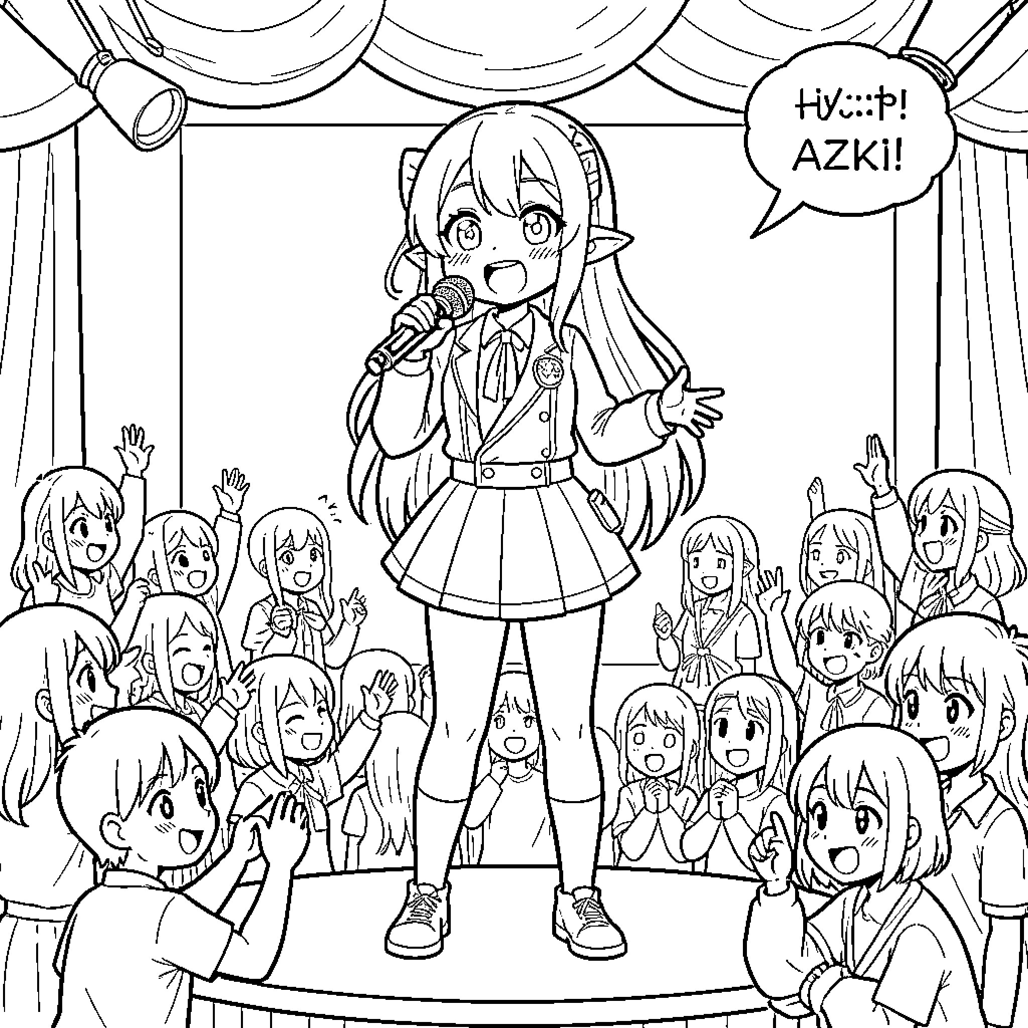 Azki performing on stage singing for an excited crowd Coloring Page (free black-and-white line drawing printable PDF for all, from beginners to advanced learners, including children, teens, adults, and seniors)