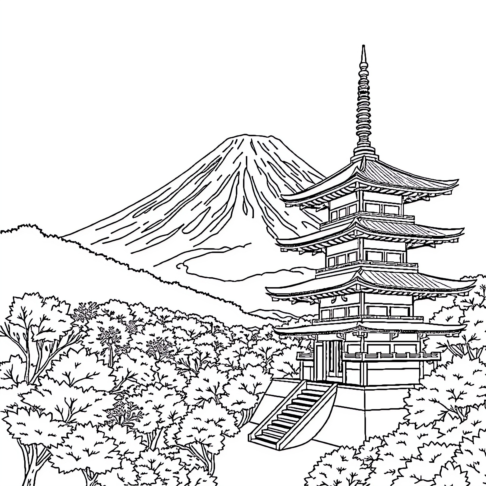 Fuji Pagoda and Mountain Landscape Coloring Page (free black-and-white line drawing printable PDF for all, from beginners to advanced learners, including children, teens, adults, and seniors)