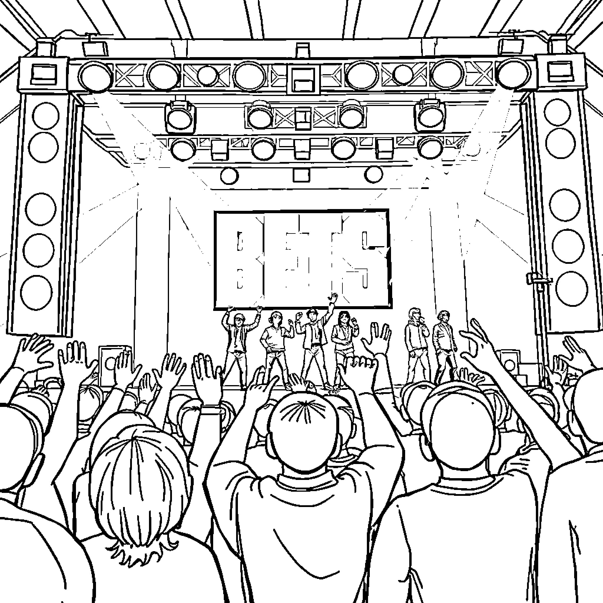 BTS Performing on Stage with Energetic Crowd Coloring Page (free black-and-white line drawing printable PDF for all, from beginners to advanced learners, including children, teens, adults, and seniors)