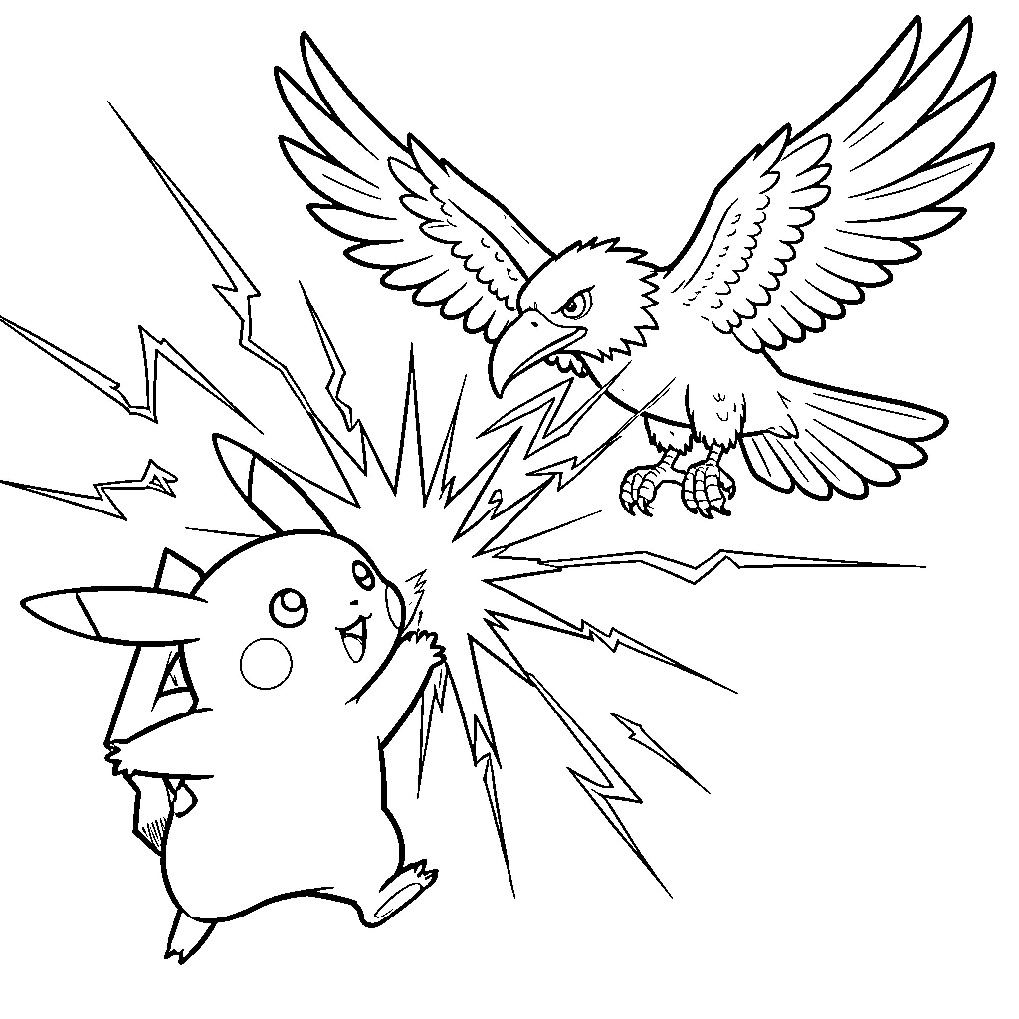 Pikachu using an electric attack against a flying bird Coloring Page (free black-and-white line drawing printable PDF for all, from beginners to advanced learners, including children, teens, adults, and seniors)