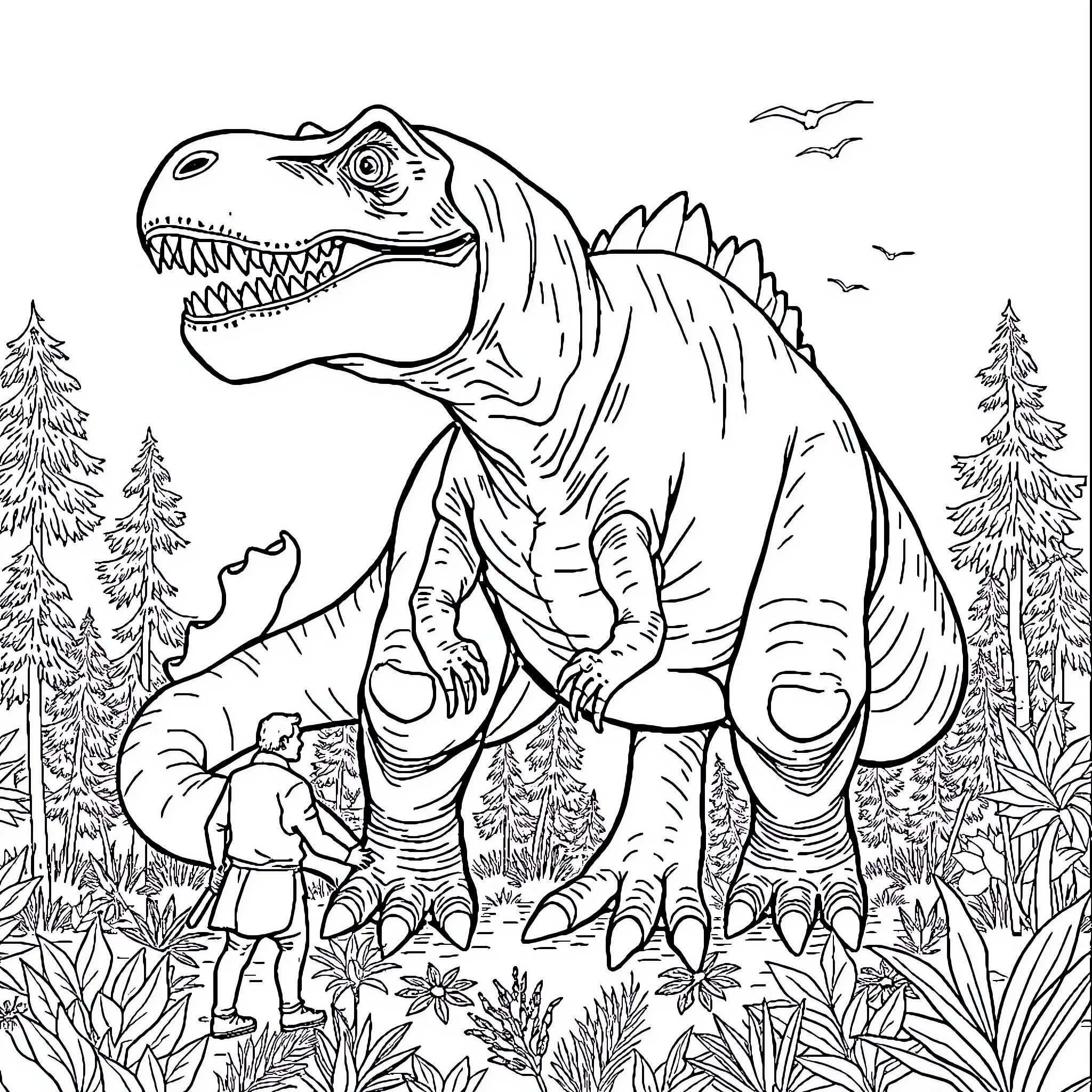 Dinosaur exploring the forest with a human companion Coloring Page (free black-and-white line drawing printable PDF for all, from beginners to advanced learners, including children, teens, adults, and seniors)