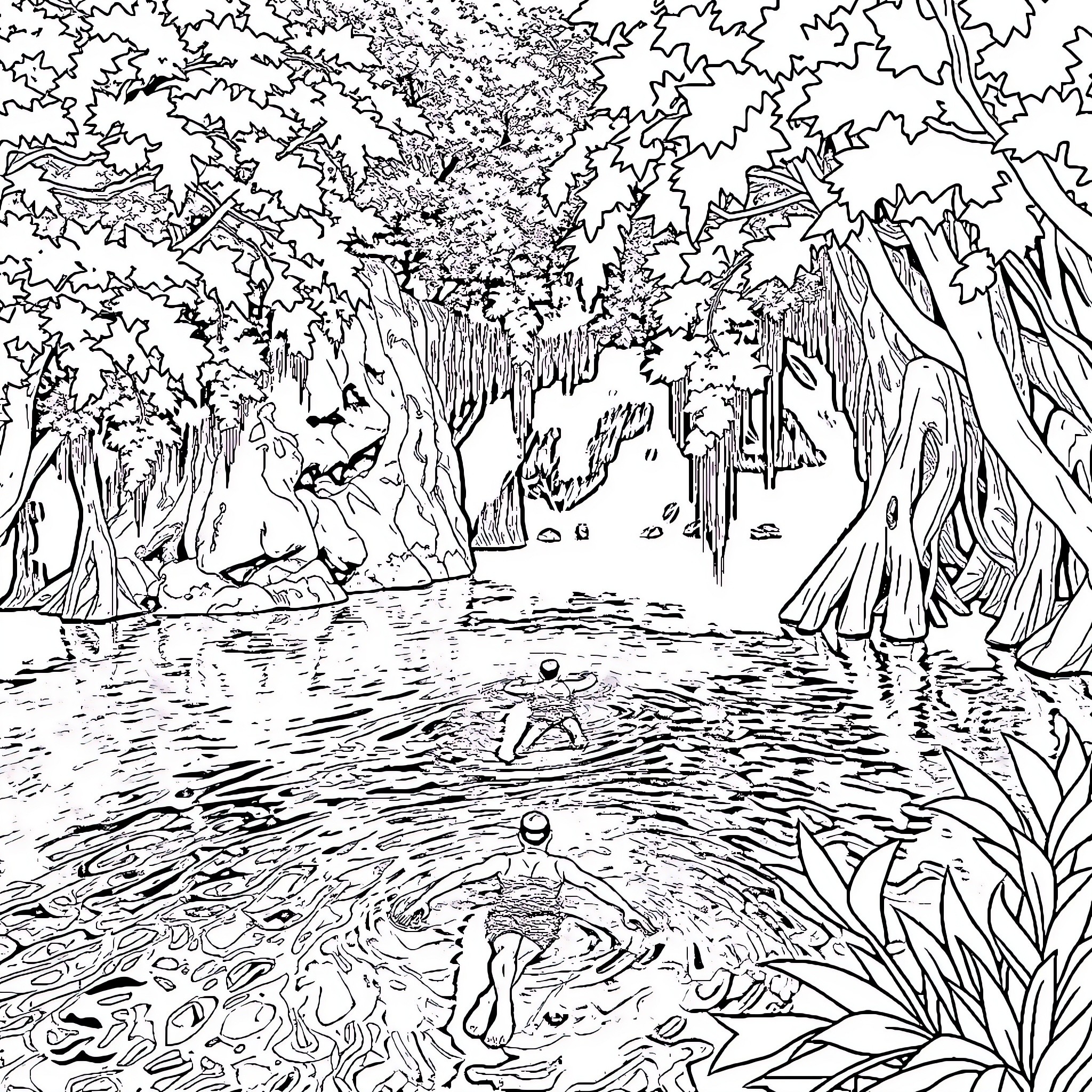 Swimmer floating in serene forest pond Coloring Page (free black-and-white line drawing printable PDF for all, from beginners to advanced learners, including children, teens, adults, and seniors)
