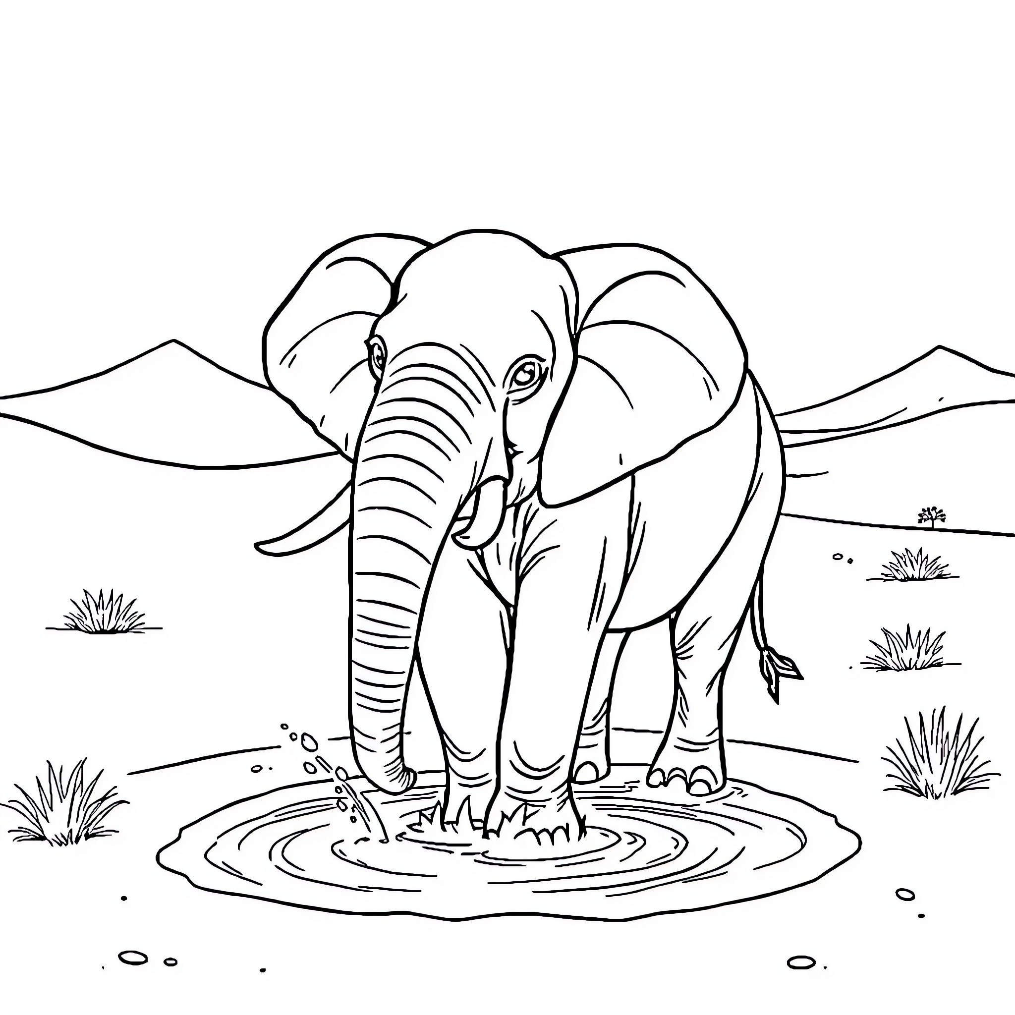 Elephant Wading Through a Pond Coloring Page (free black-and-white line drawing printable PDF for all, from beginners to advanced learners, including children, teens, adults, and seniors)