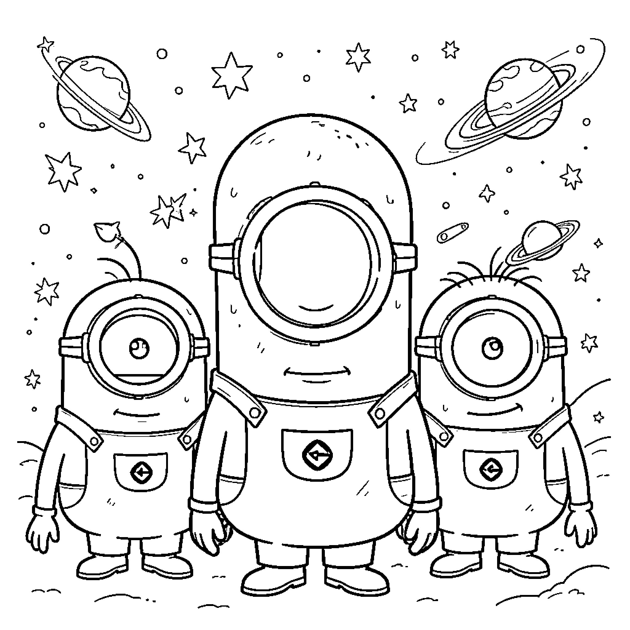 Minions standing together in outer space with planets Coloring Page (free black-and-white line drawing printable PDF for all, from beginners to advanced learners, including children, teens, adults, and seniors)
