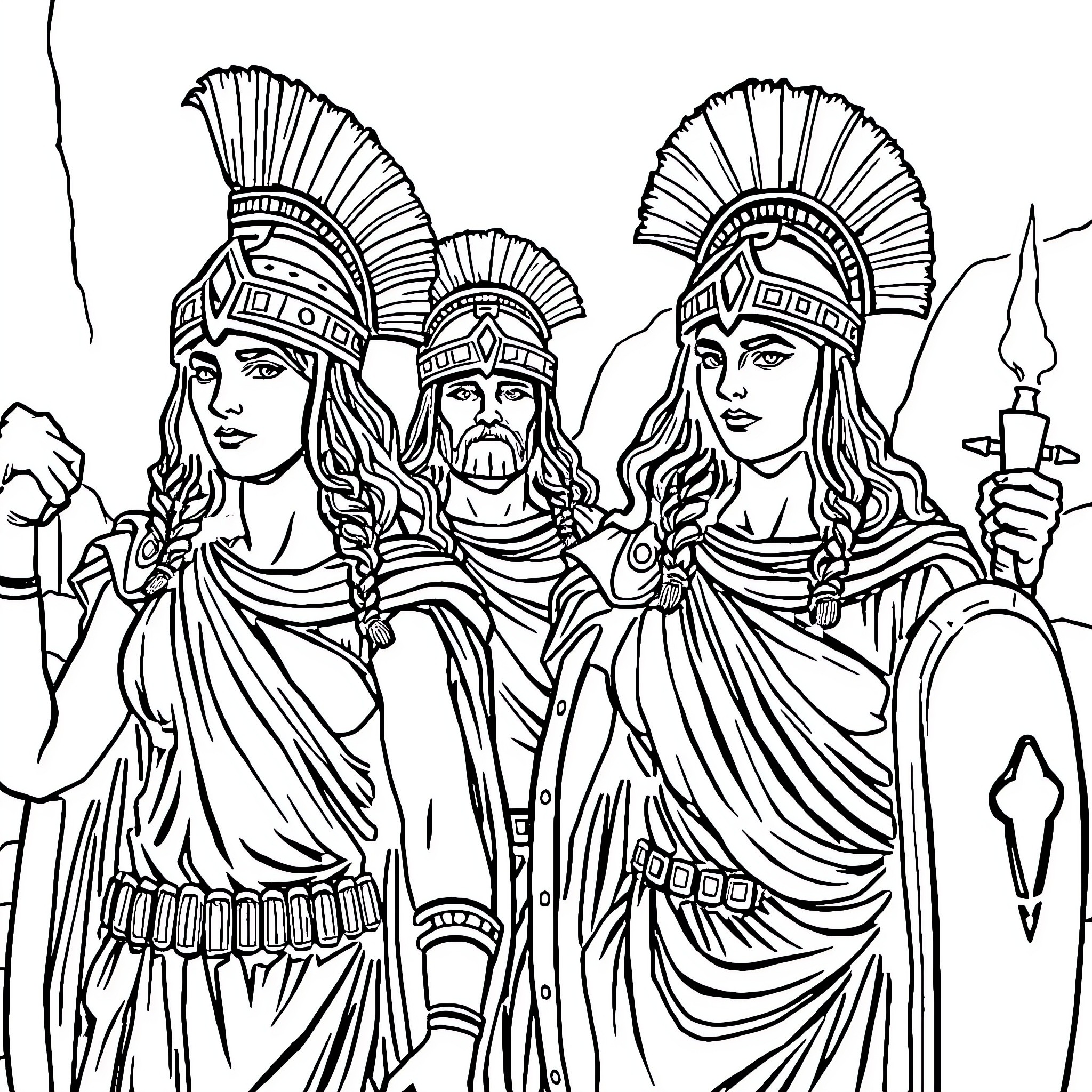 Spartan Warriors Marching in Formation Coloring Page (free black-and-white line drawing printable PDF for all, from beginners to advanced learners, including children, teens, adults, and seniors)