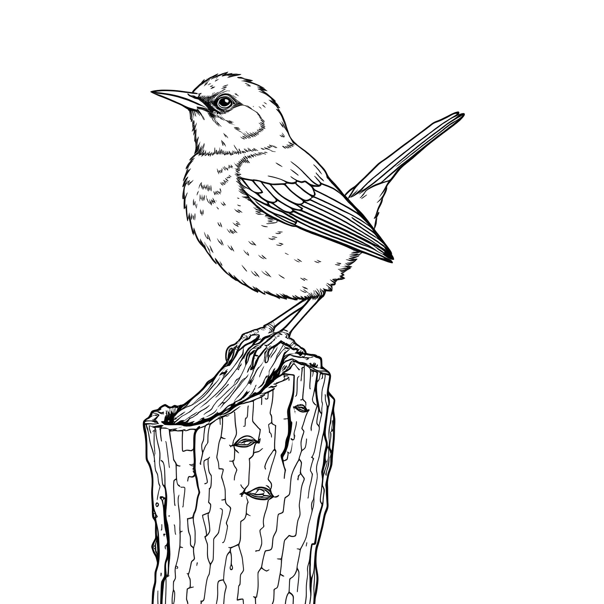 Emberiza Citrinella perched on log observing surroundings Coloring Page (free black-and-white line drawing printable PDF for all, from beginners to advanced learners, including children, teens, adults, and seniors)