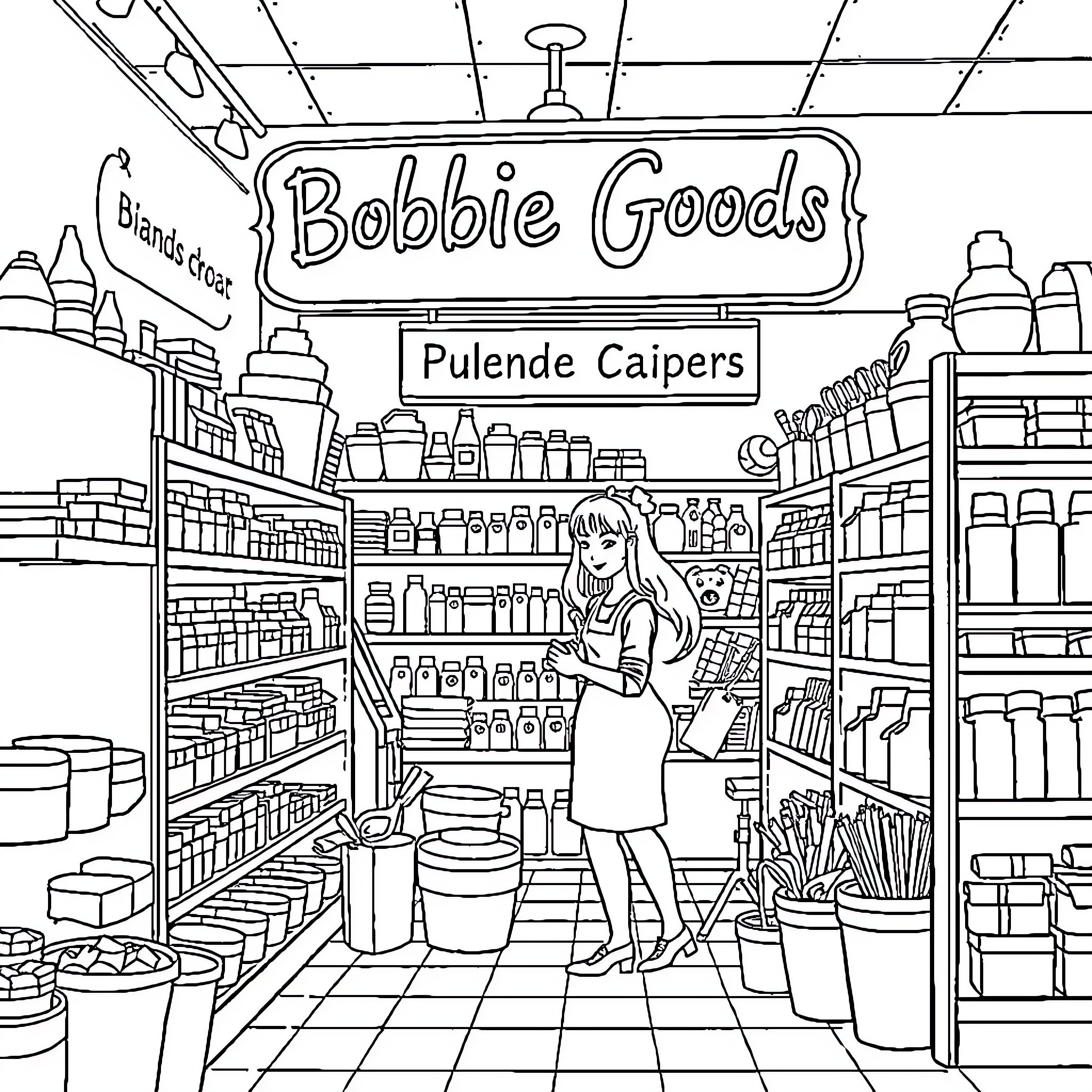 Bobbie Goods - Woman browsing grocery store shelves Coloring Page (free black-and-white line drawing printable PDF for all, from beginners to advanced learners, including children, teens, adults, and seniors)