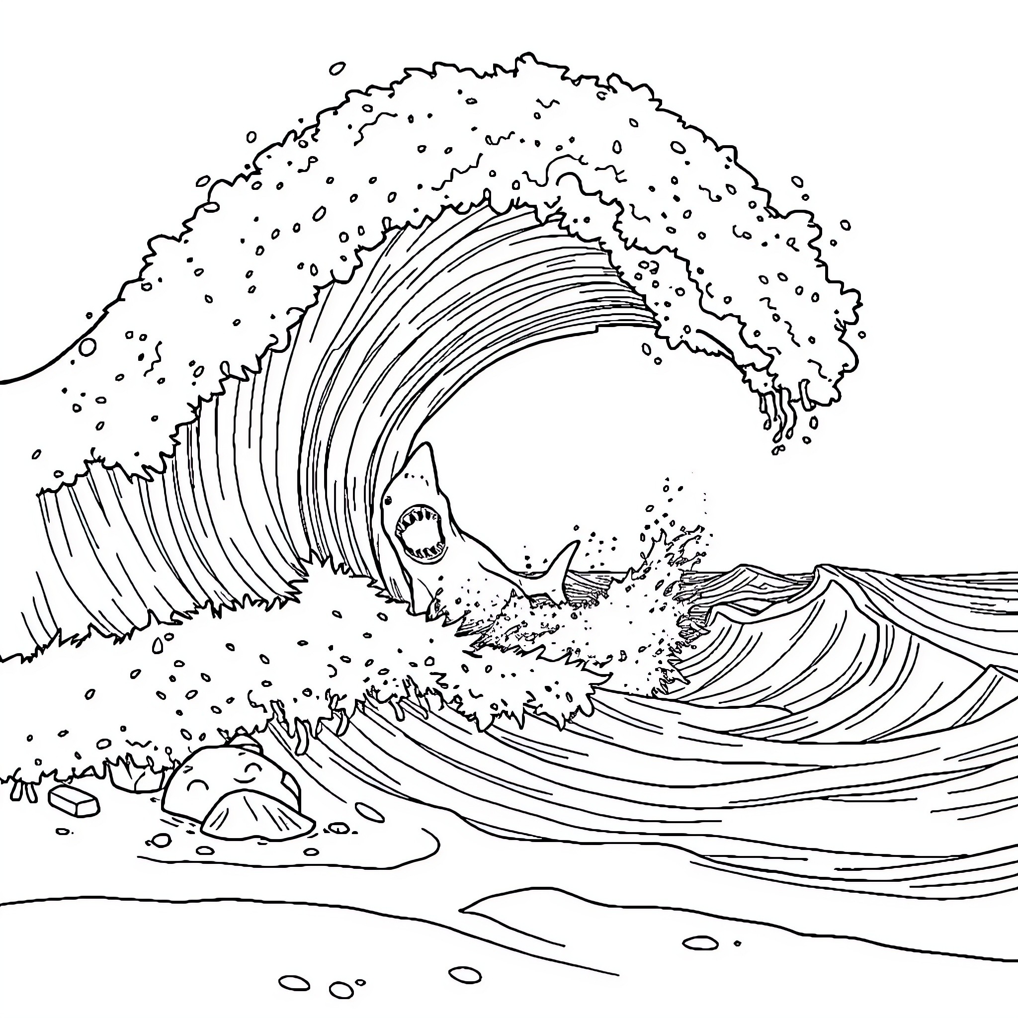 Shark surfing a giant wave Coloring Page (free black-and-white line drawing printable PDF for all, from beginners to advanced learners, including children, teens, adults, and seniors)