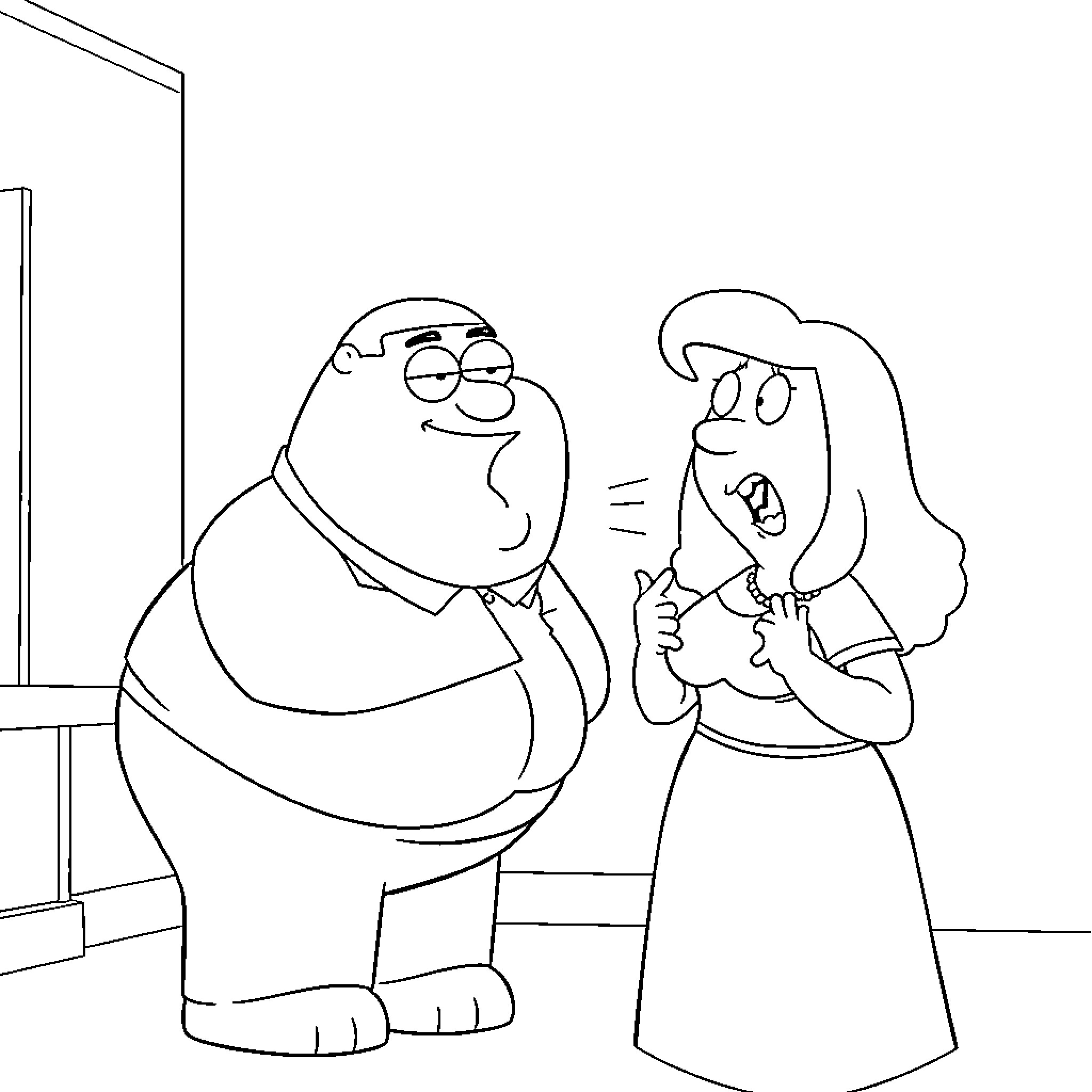 Peter Griffin in playful conversation with woman Coloring Page (free black-and-white line drawing printable PDF for all, from beginners to advanced learners, including children, teens, adults, and seniors)