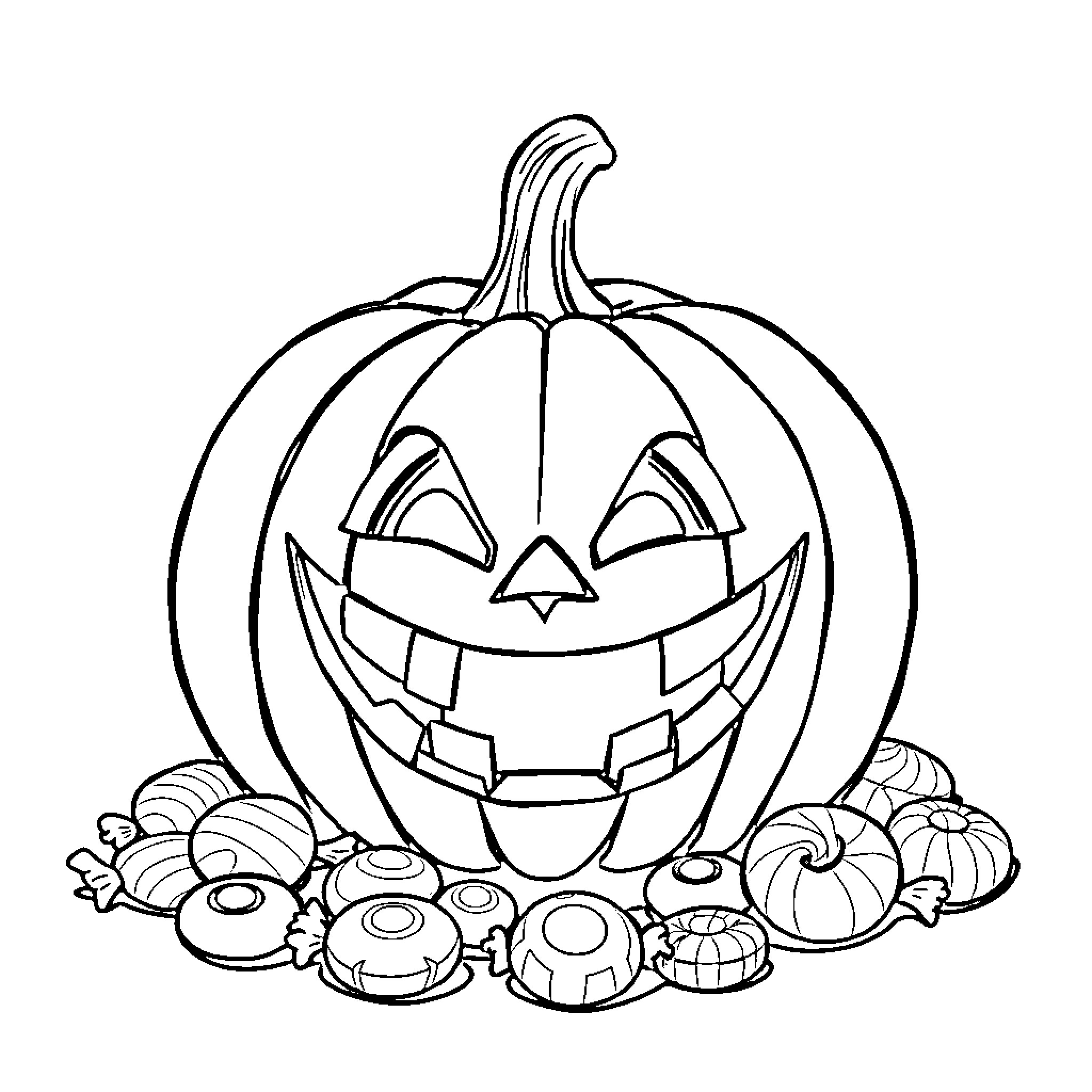 Pumpkin with Grinning Jack-o'-Lantern Face and Treats Coloring Page (free black-and-white line drawing printable PDF for all, from beginners to advanced learners, including children, teens, adults, and seniors)