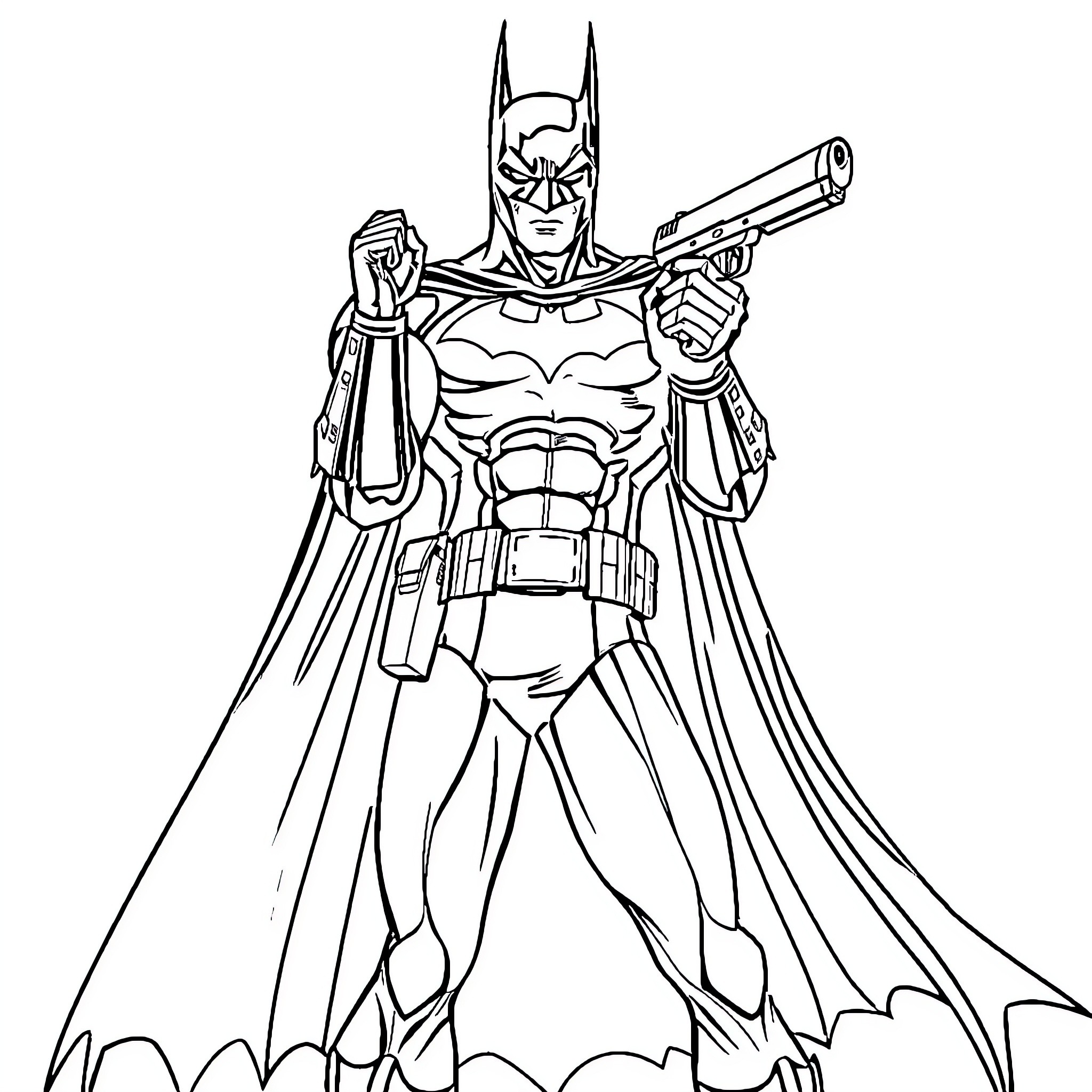 Batman in action with his iconic equipment Coloring Page (free black-and-white line drawing printable PDF for all, from beginners to advanced learners, including children, teens, adults, and seniors)