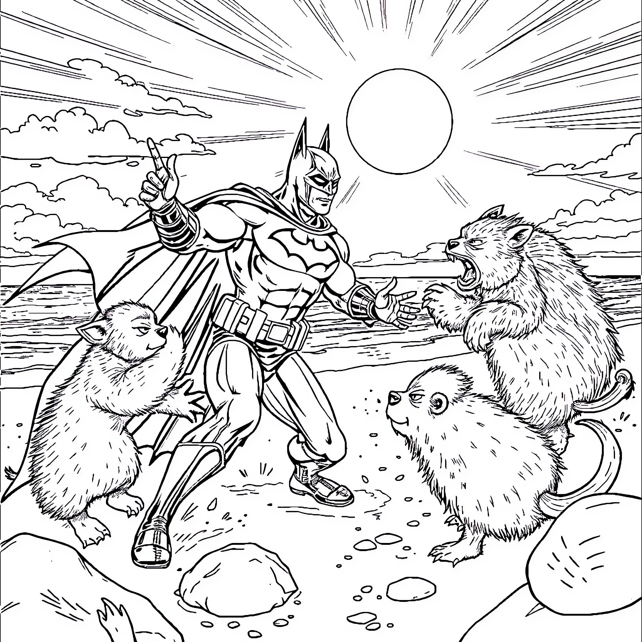 Batman Confronts Dangerous Beasts in a Stunning Landscape Coloring Page (free black-and-white line drawing printable PDF for all, from beginners to advanced learners, including children, teens, adults, and seniors)