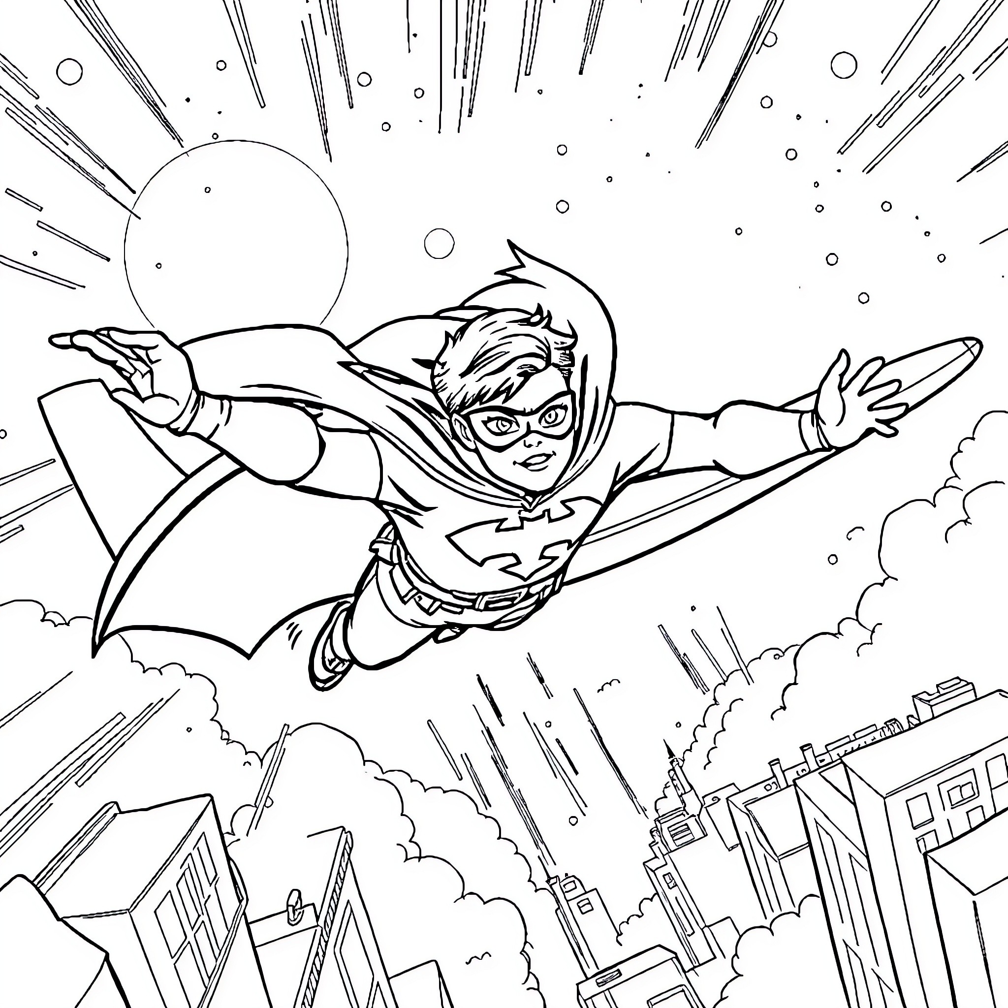 Robin soaring through the city skyline Coloring Page (free black-and-white line drawing printable PDF for all, from beginners to advanced learners, including children, teens, adults, and seniors)