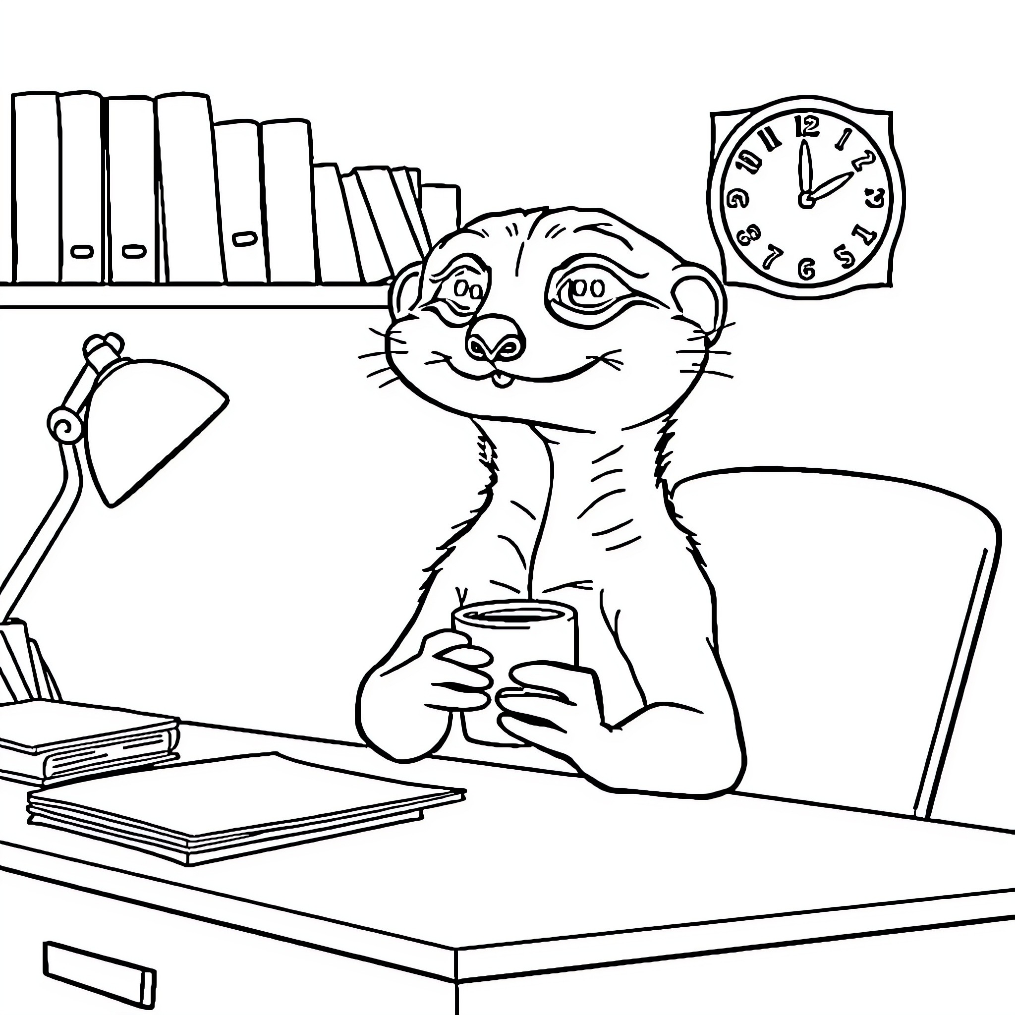 Meerkat working diligently in the office Coloring Page (free black-and-white line drawing printable PDF for all, from beginners to advanced learners, including children, teens, adults, and seniors)