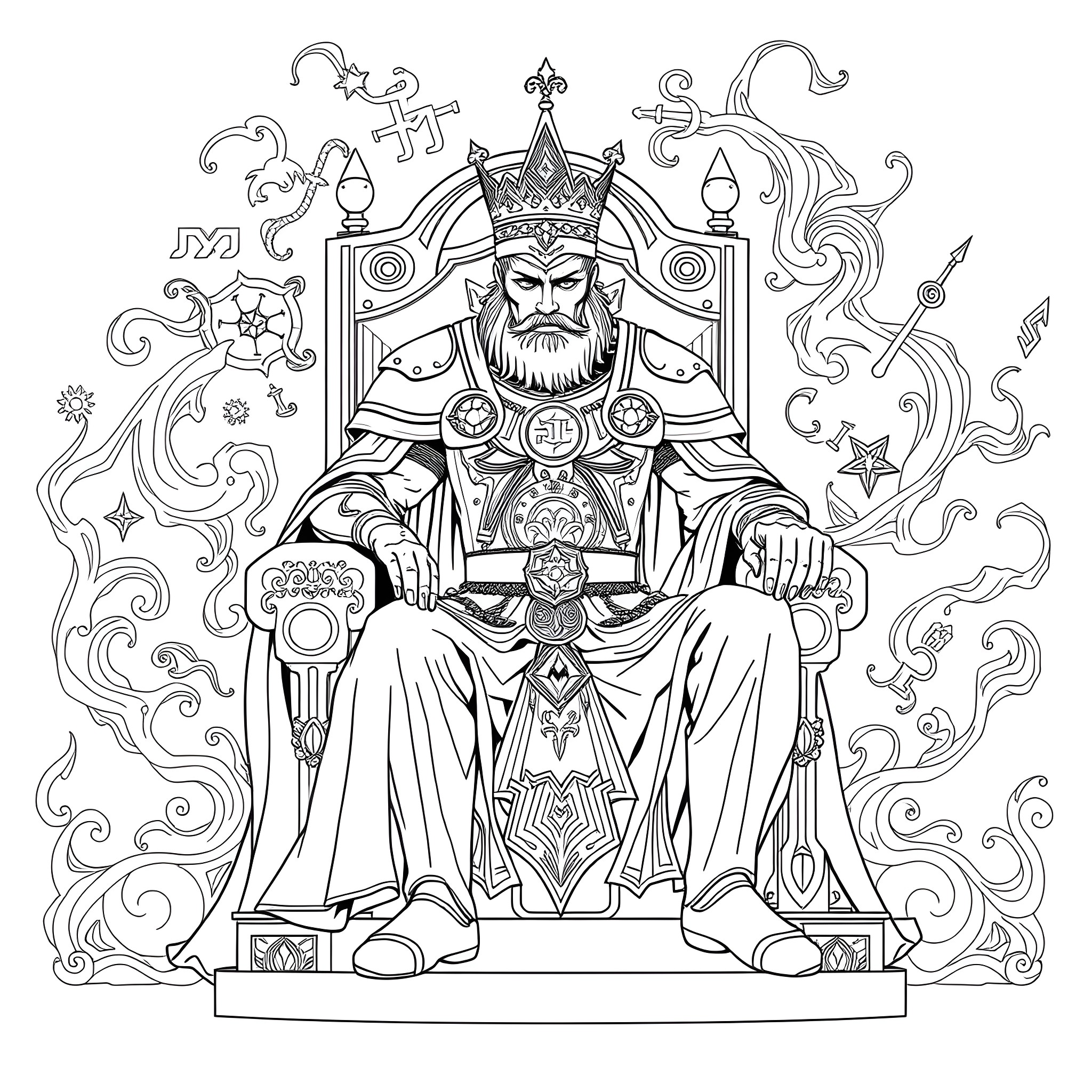 King in Ornate Throne with Regal Regalia Coloring Page (free black-and-white line drawing printable PDF for all, from beginners to advanced learners, including children, teens, adults, and seniors)