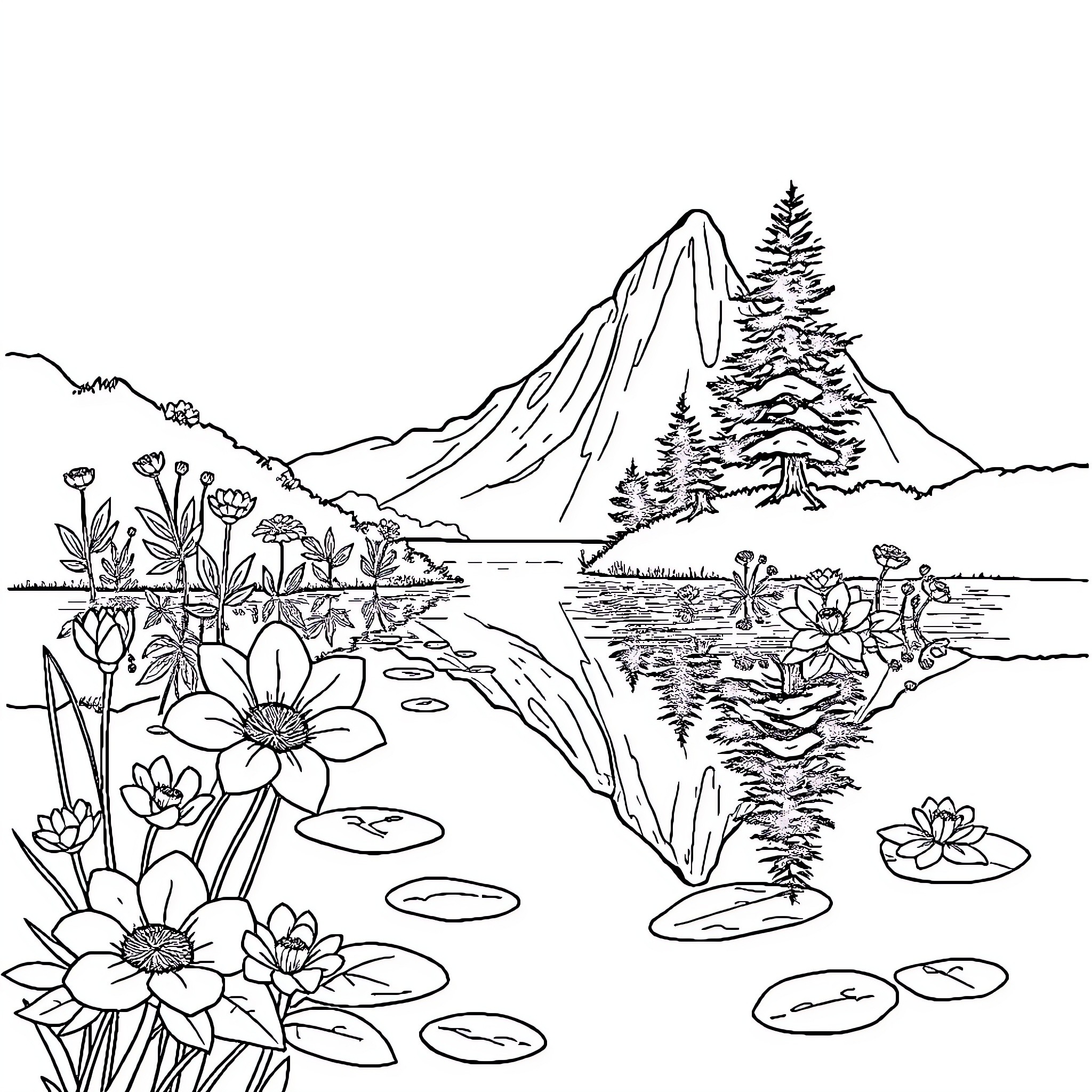 Lake Landscape with Flowers and Mountains Coloring Page (free black-and-white line drawing printable PDF for all, from beginners to advanced learners, including children, teens, adults, and seniors)