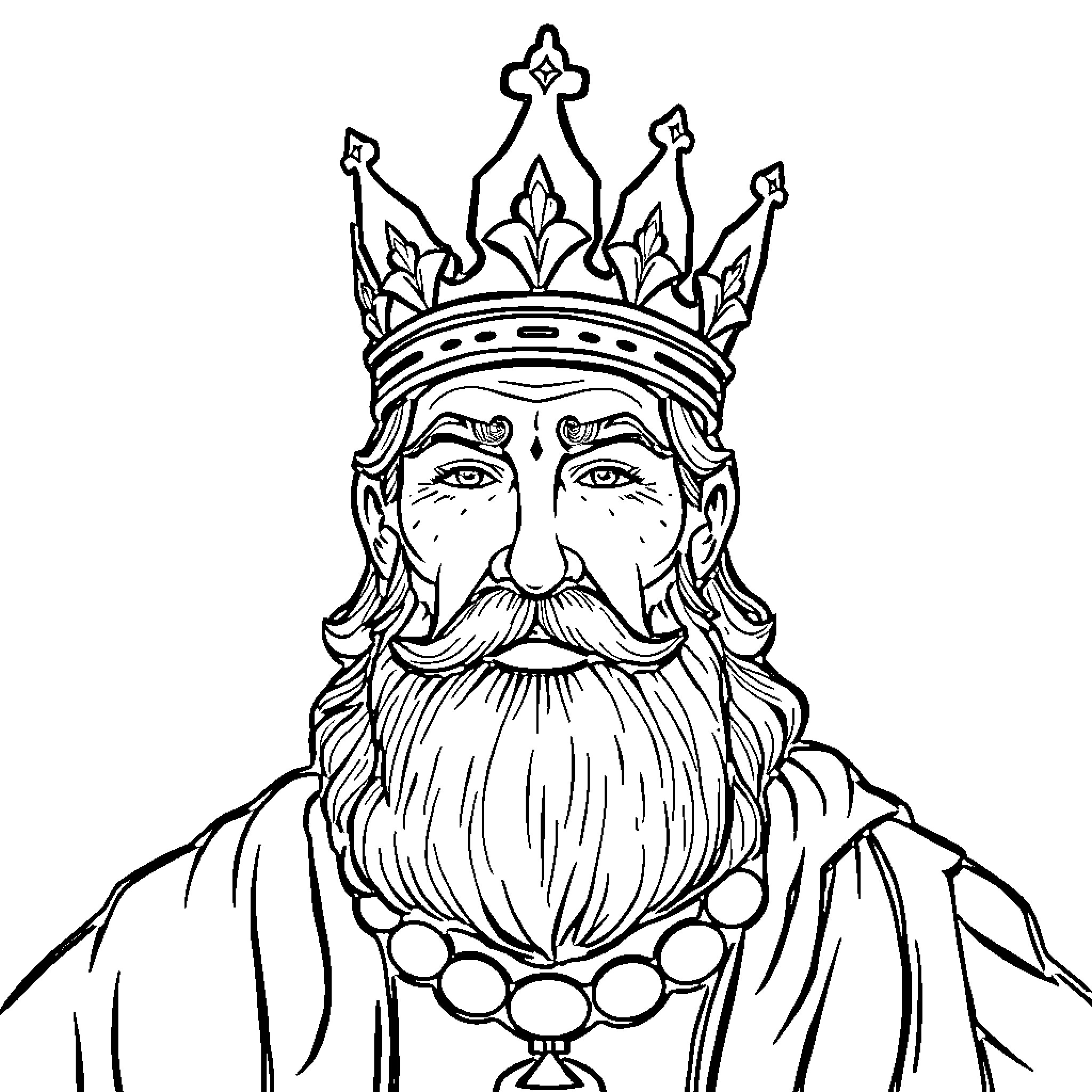 King with Elaborate Crown and Regal Attire Coloring Page (free black-and-white line drawing printable PDF for all, from beginners to advanced learners, including children, teens, adults, and seniors)