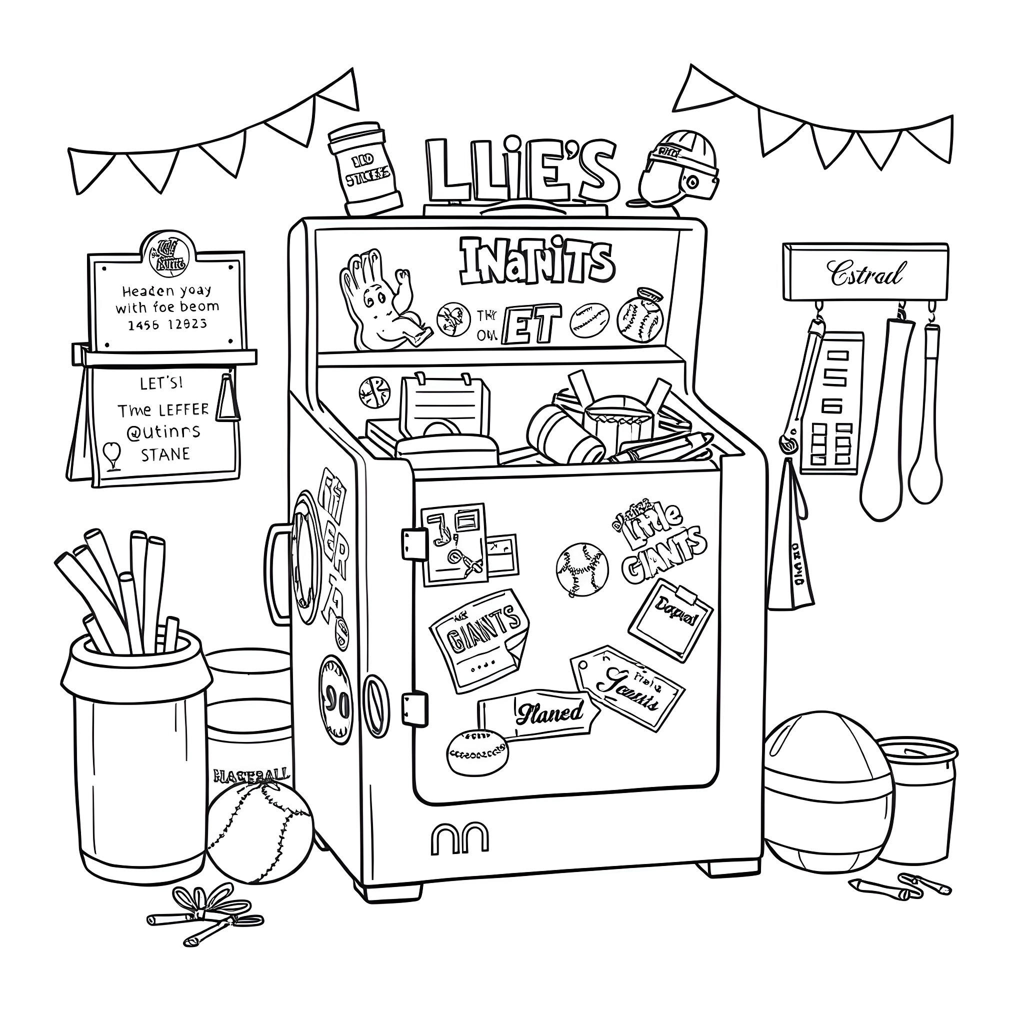 Icebox of Sports and Recreation Items Coloring Page (free black-and-white line drawing printable PDF for all, from beginners to advanced learners, including children, teens, adults, and seniors)