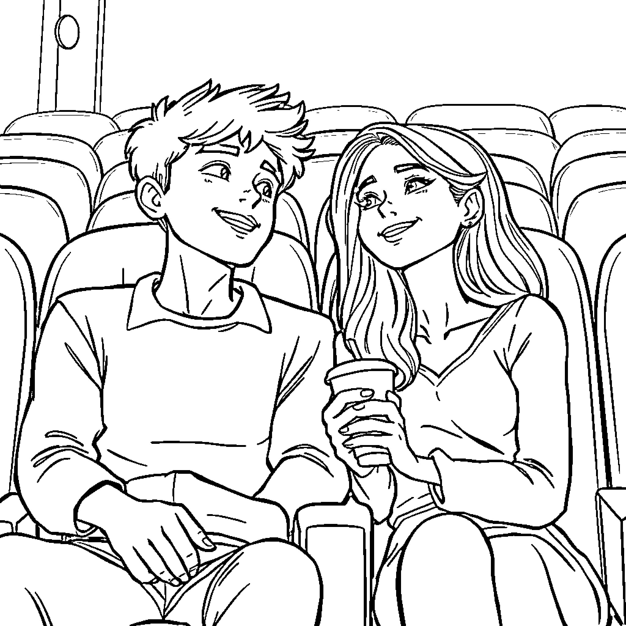 Boy and Girl Enjoying a Movie Together Coloring Page (free black-and-white line drawing printable PDF for all, from beginners to advanced learners, including children, teens, adults, and seniors)