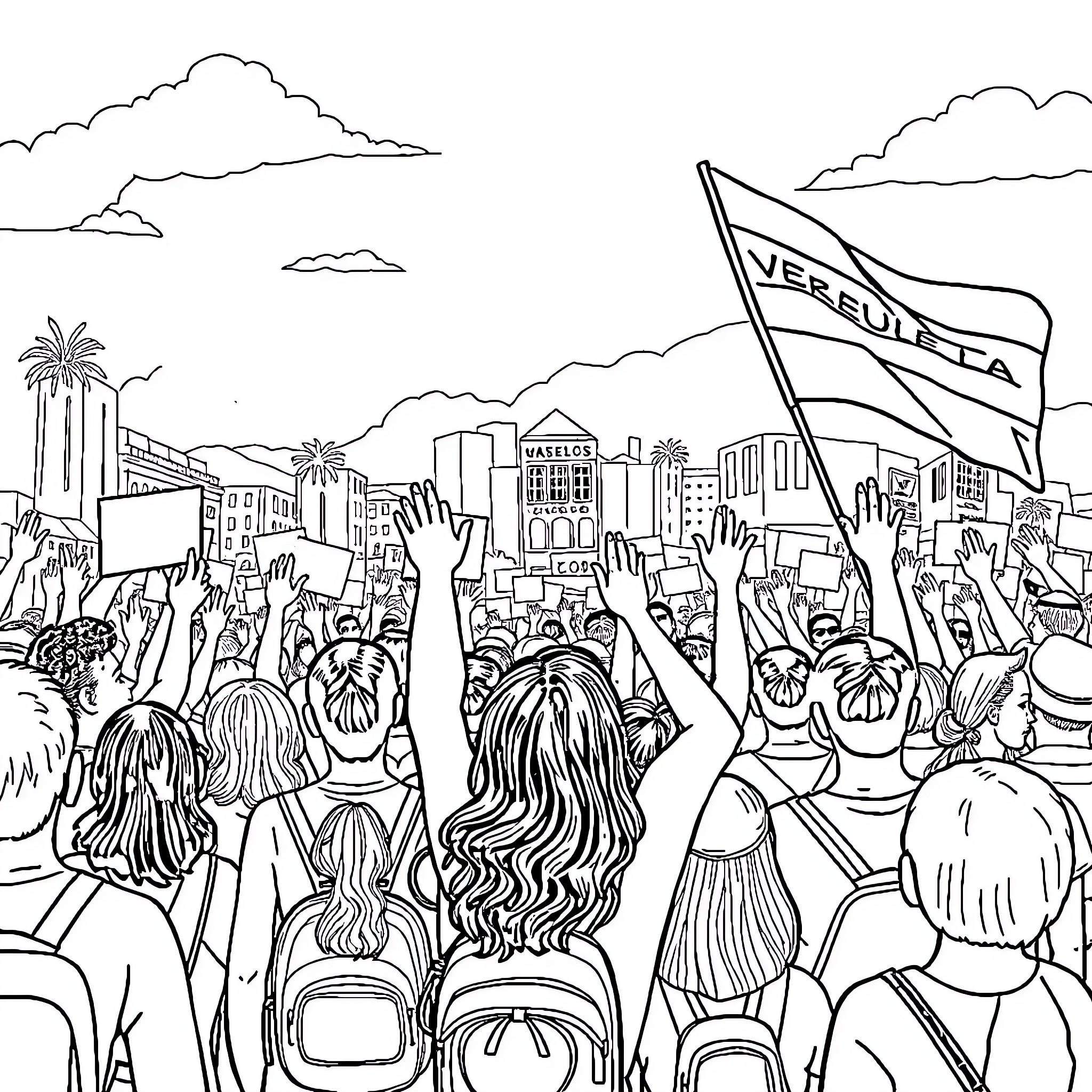 Venezuela: Protest rally with waving flags and crowds Coloring Page (free black-and-white line drawing printable PDF for all, from beginners to advanced learners, including children, teens, adults, and seniors)
