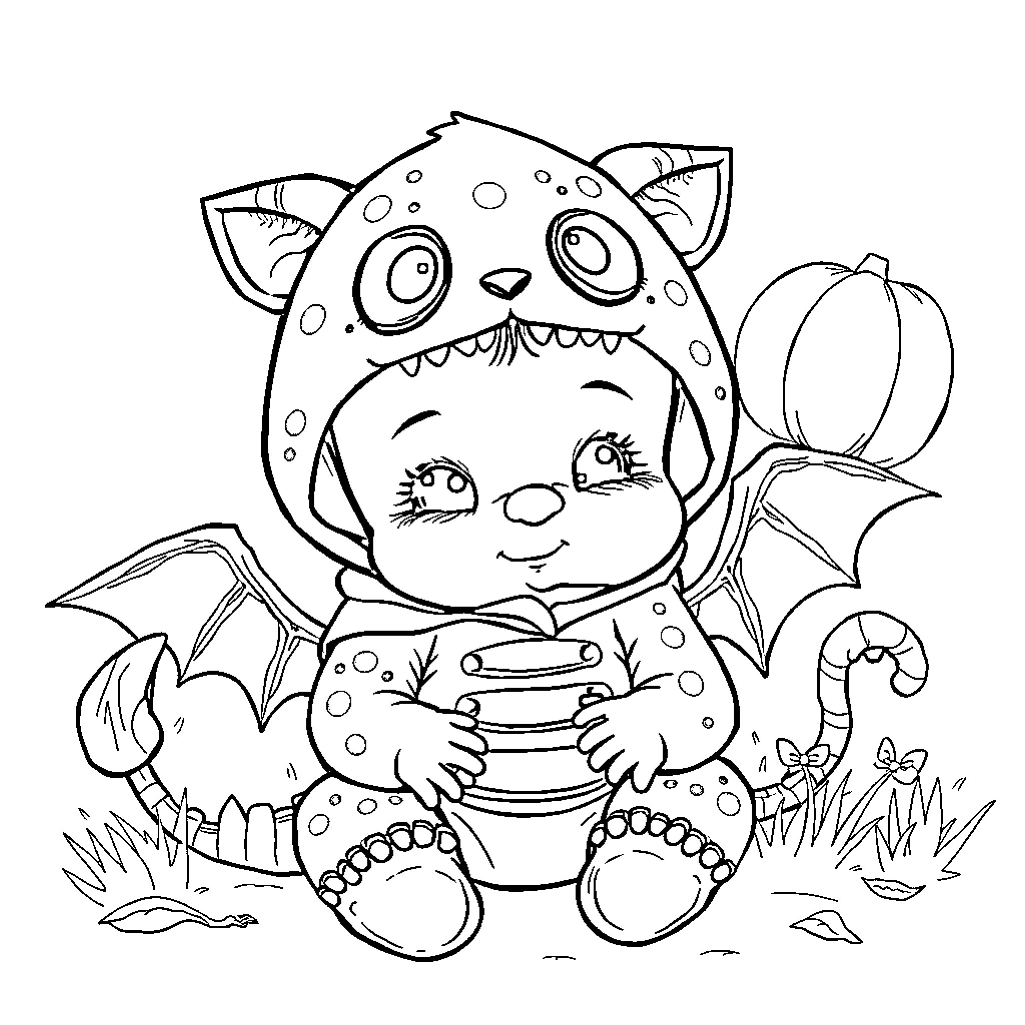 Baby Monster Enjoying a Snack Coloring Page (free black-and-white line drawing printable PDF for all, from beginners to advanced learners, including children, teens, adults, and seniors)