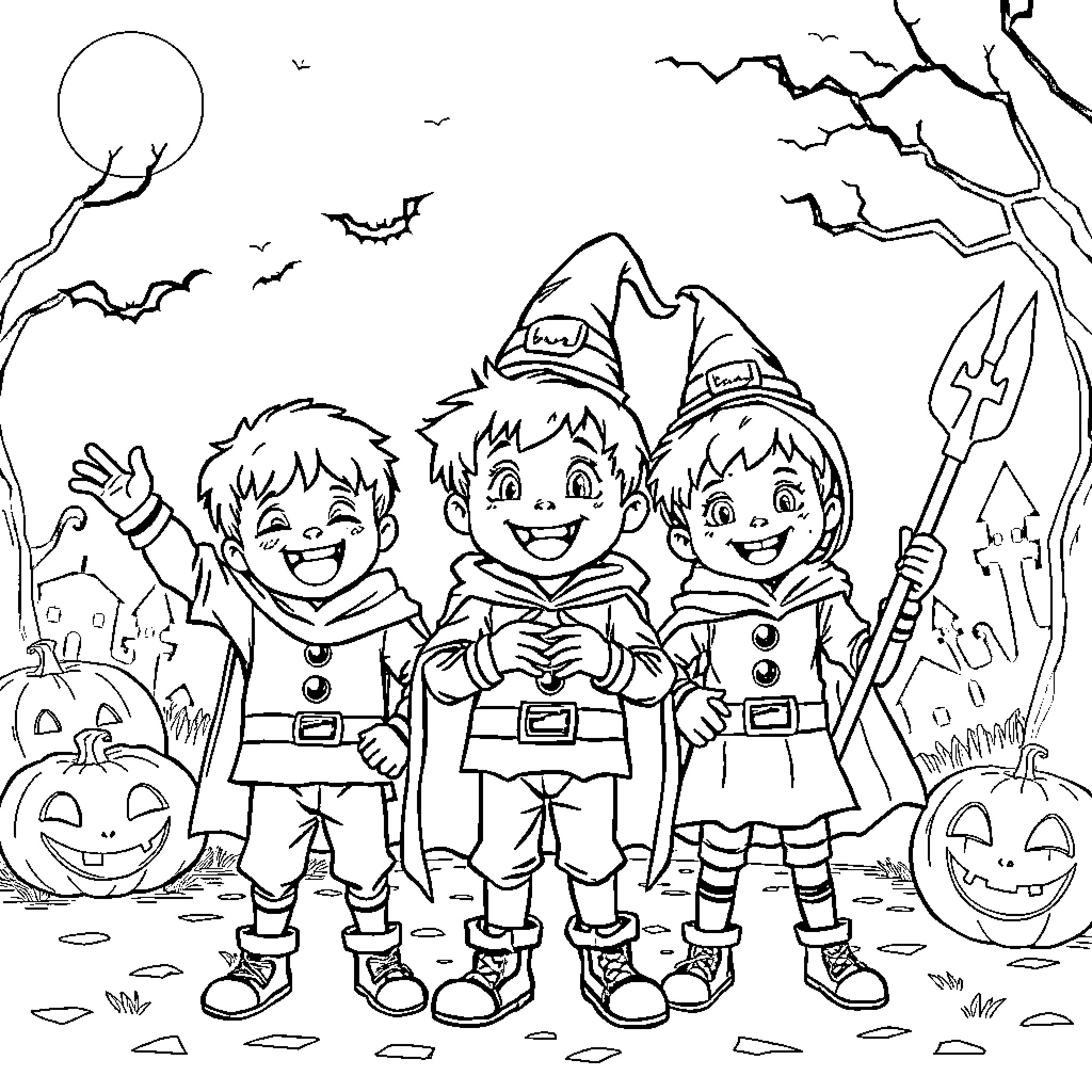 Saja Boy's Halloween Adventure Coloring Page (free black-and-white line drawing printable PDF for all, from beginners to advanced learners, including children, teens, adults, and seniors)
