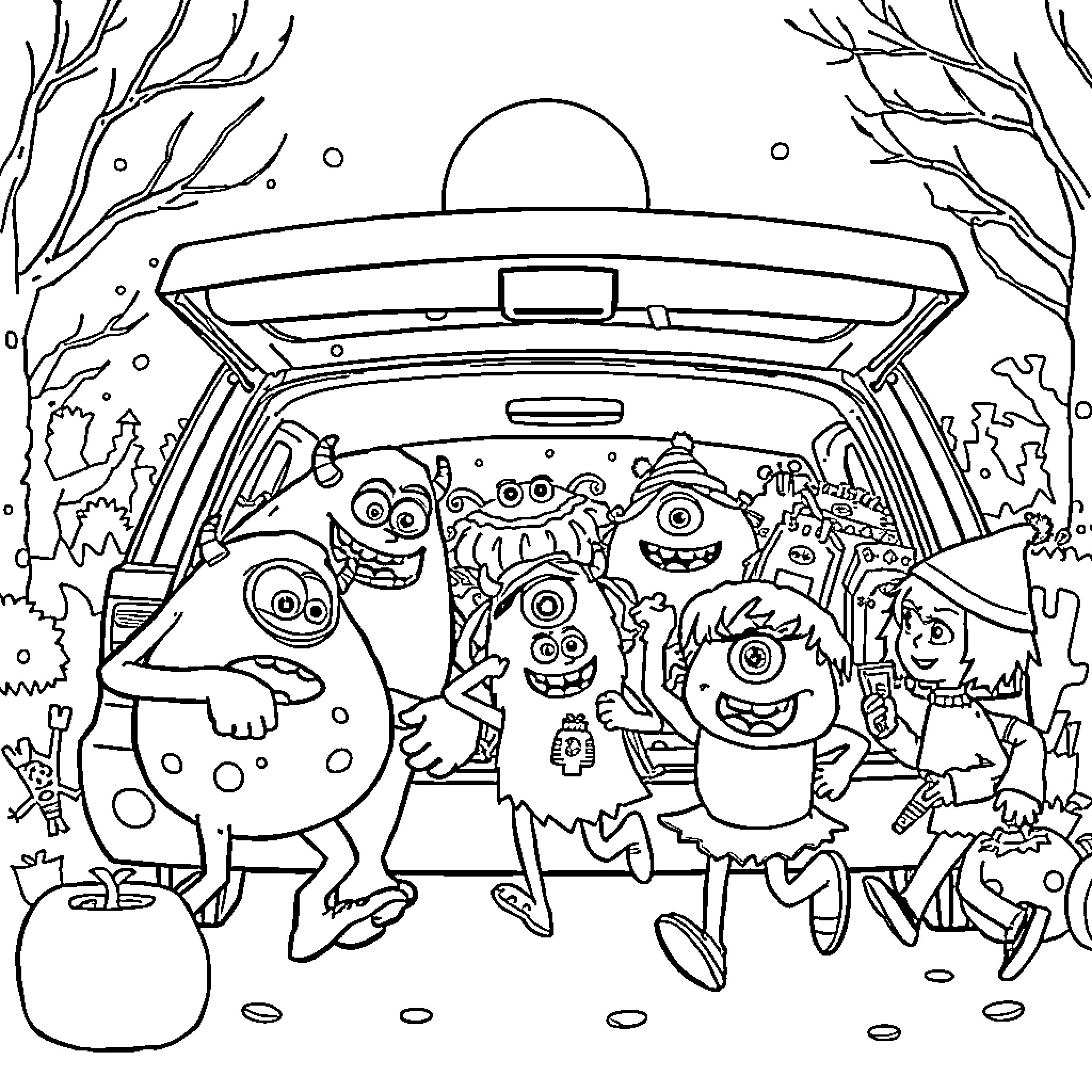 Monster Family on a Spooky Road Trip Coloring Page (free black-and-white line drawing printable PDF for all, from beginners to advanced learners, including children, teens, adults, and seniors)