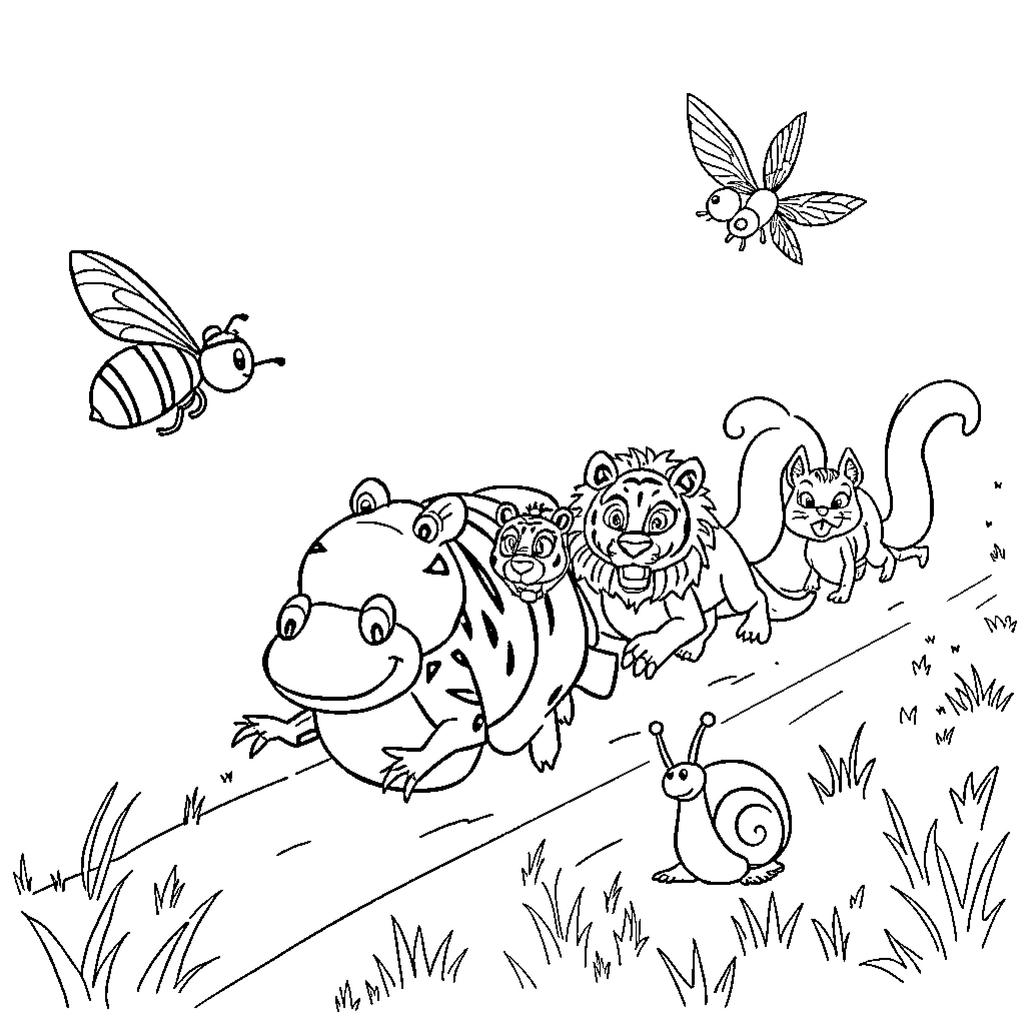 Bee exploring the forest with animal friends Coloring Page (free black-and-white line drawing printable PDF for all, from beginners to advanced learners, including children, teens, adults, and seniors)
