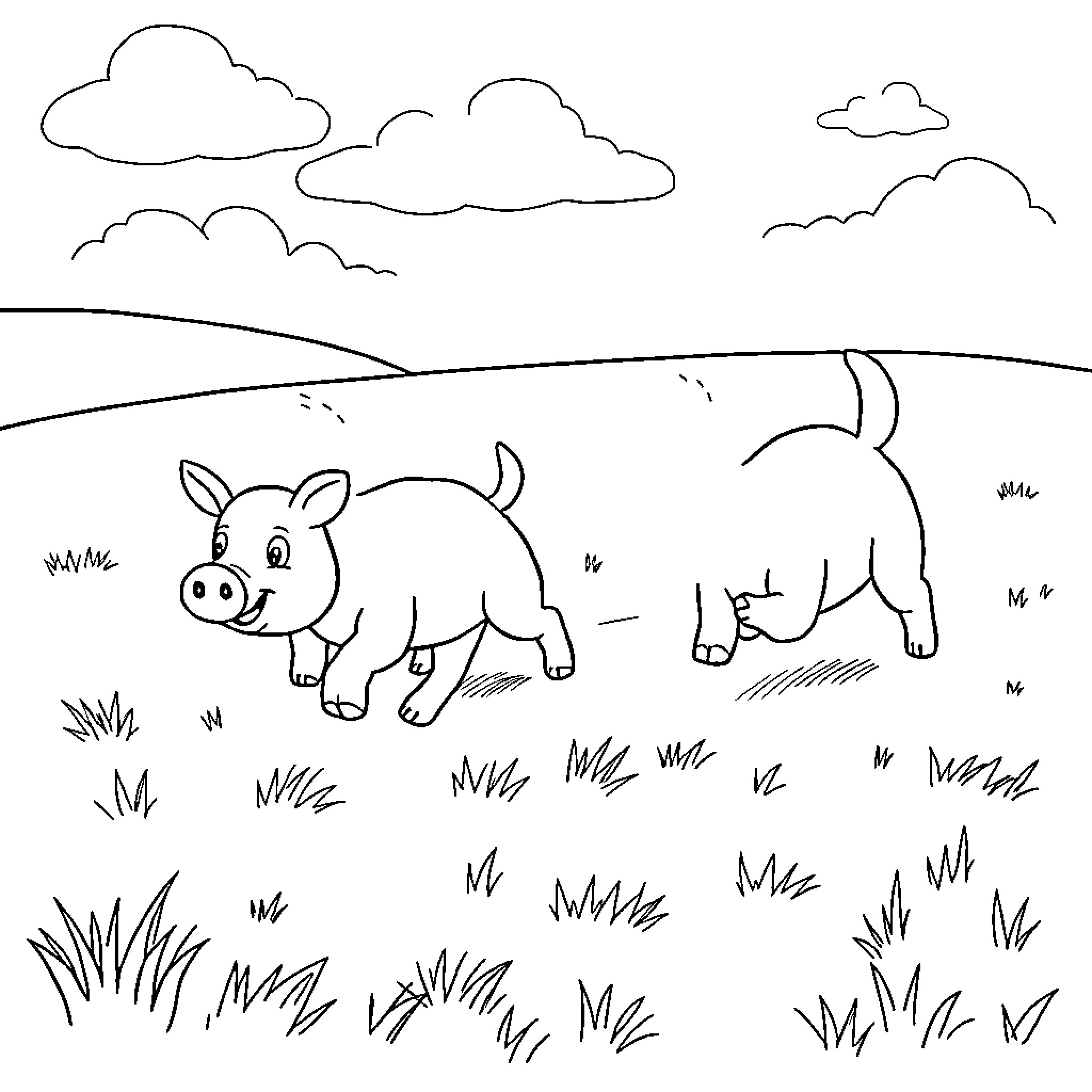 Dogs Playing Happily in Grassy Field Coloring Page (free black-and-white line drawing printable PDF for all, from beginners to advanced learners, including children, teens, adults, and seniors)