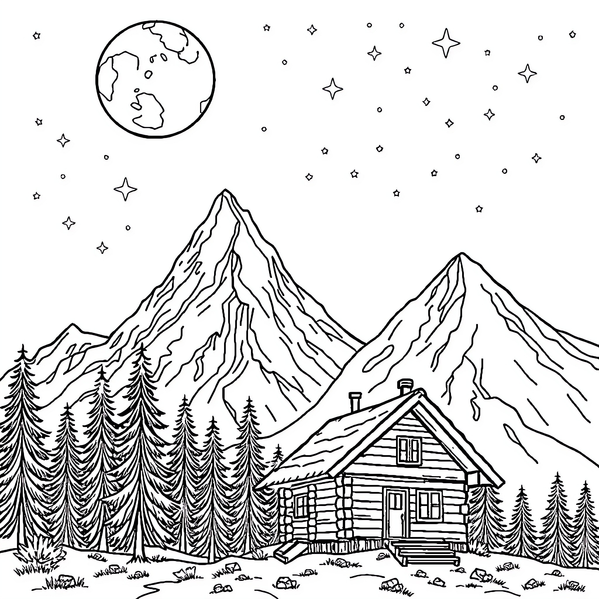 Moon Shining Over Mountainous Cabin Retreat Coloring Page (free black-and-white line drawing printable PDF for all, from beginners to advanced learners, including children, teens, adults, and seniors)