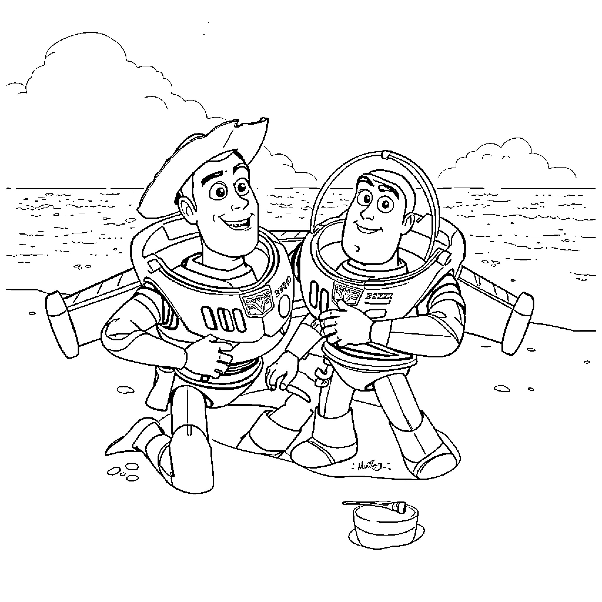 Woody and Buzz playing together on the beach Coloring Page (free black-and-white line drawing printable PDF for all, from beginners to advanced learners, including children, teens, adults, and seniors)