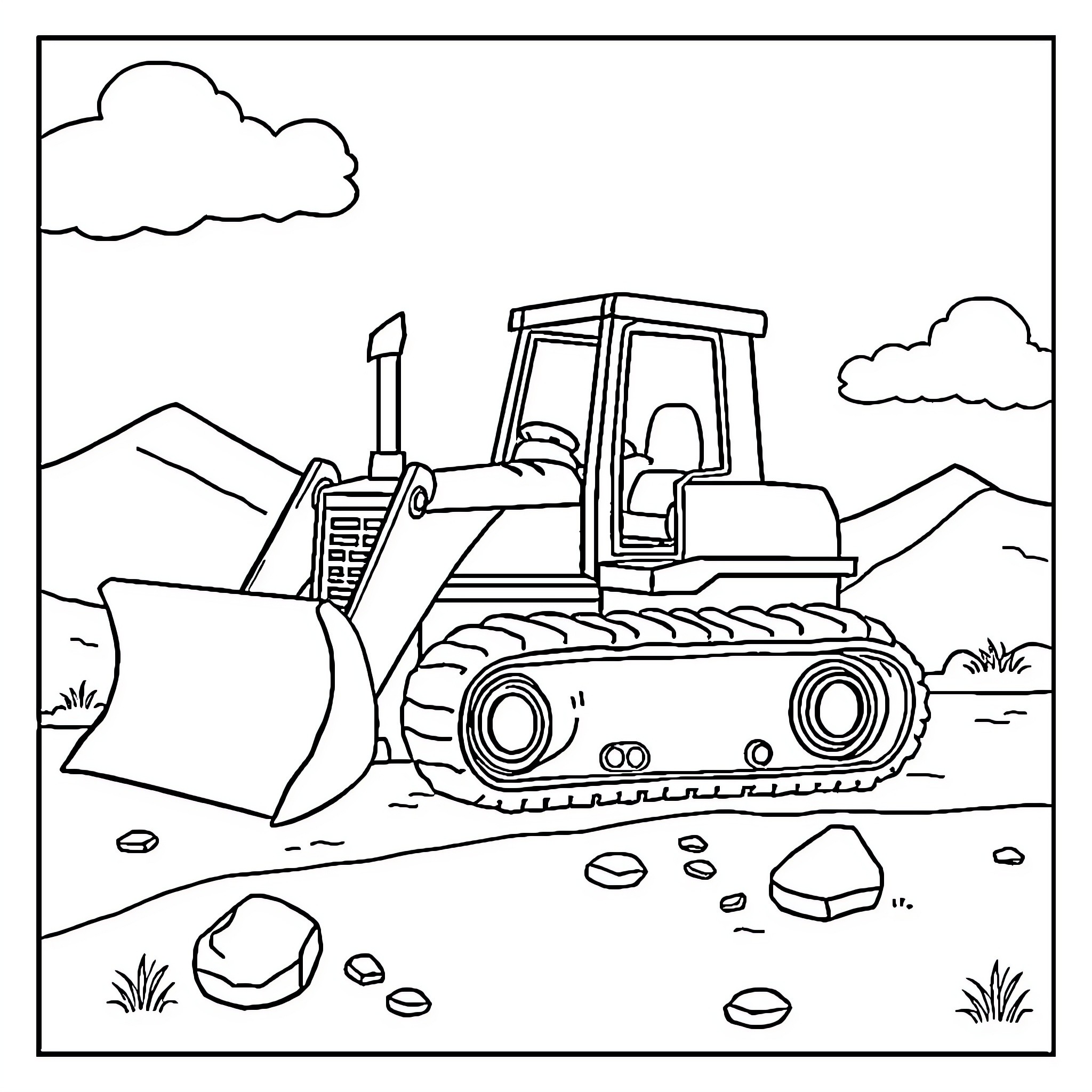 Bulldozer at work on construction site Coloring Page (free black-and-white line drawing printable PDF for all, from beginners to advanced learners, including children, teens, adults, and seniors)