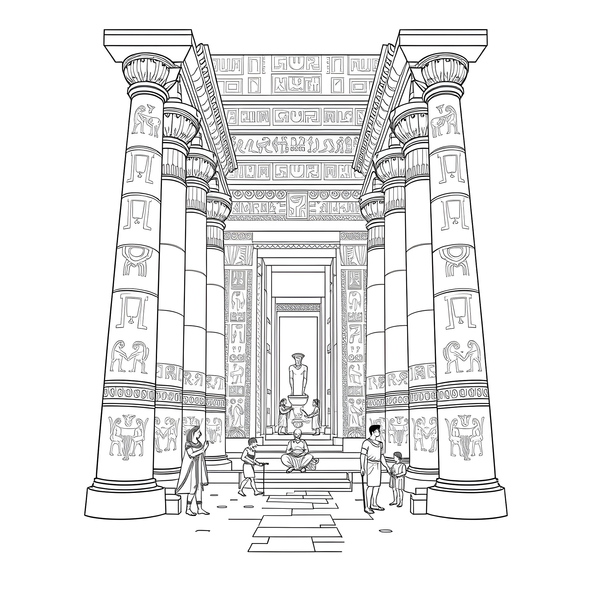 Temple with Ornate Columns and Hieroglyphic Décor Coloring Page (free black-and-white line drawing printable PDF for all, from beginners to advanced learners, including children, teens, adults, and seniors)