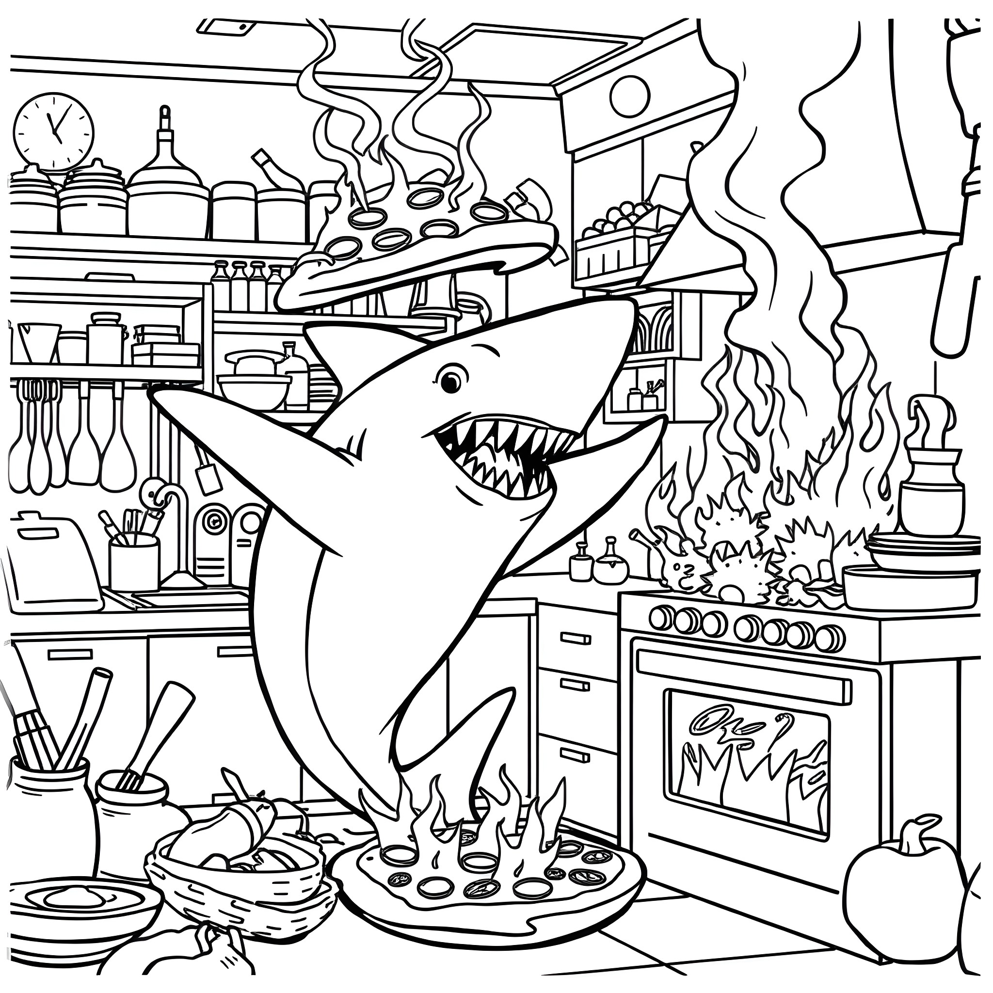Shark Cooking a Chaotic Kitchen Scene Coloring Page (free black-and-white line drawing printable PDF for all, from beginners to advanced learners, including children, teens, adults, and seniors)