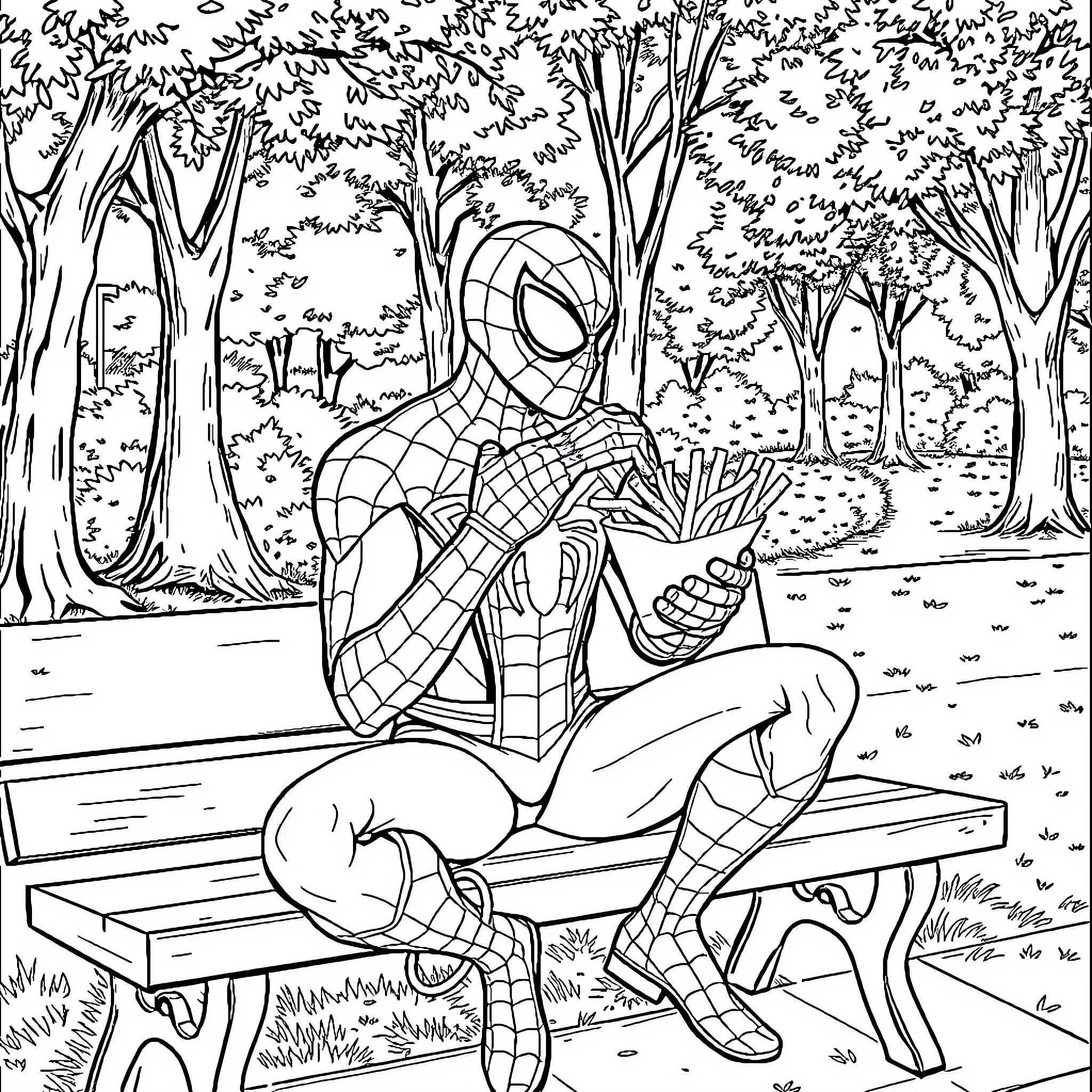 Spiderman rests on a park bench in the forest Coloring Page (free black-and-white line drawing printable PDF for all, from beginners to advanced learners, including children, teens, adults, and seniors)