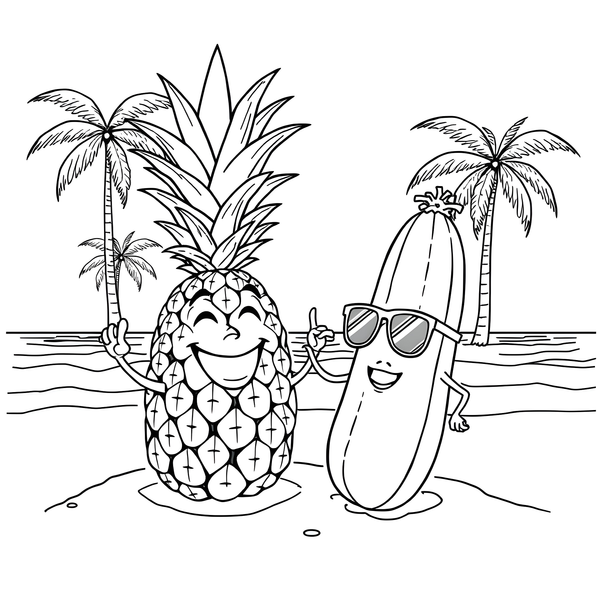 Pineapple and banana relaxing on the beach Coloring Page (free black-and-white line drawing printable PDF for all, from beginners to advanced learners, including children, teens, adults, and seniors)
