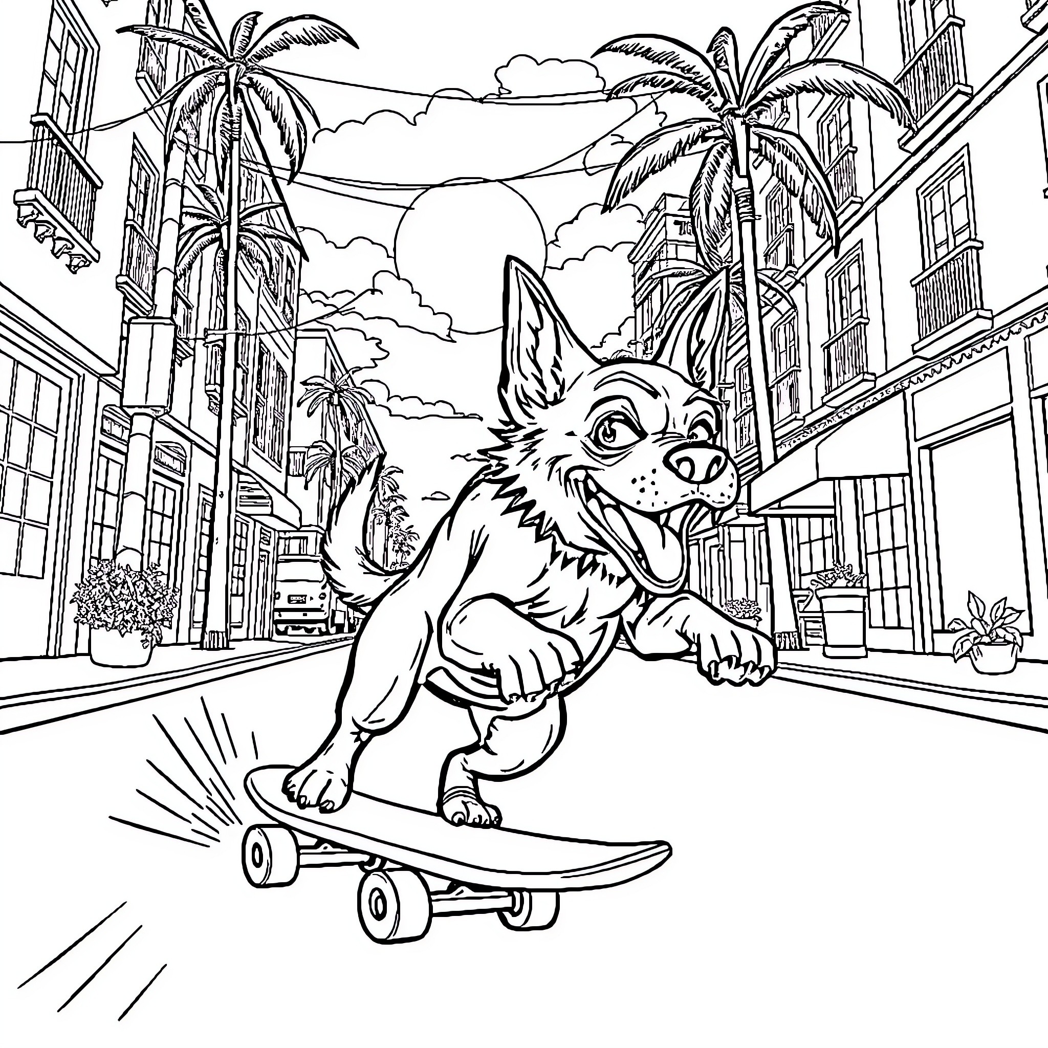 Dog skateboarding through tropical city streets Coloring Page (free black-and-white line drawing printable PDF for all, from beginners to advanced learners, including children, teens, adults, and seniors)