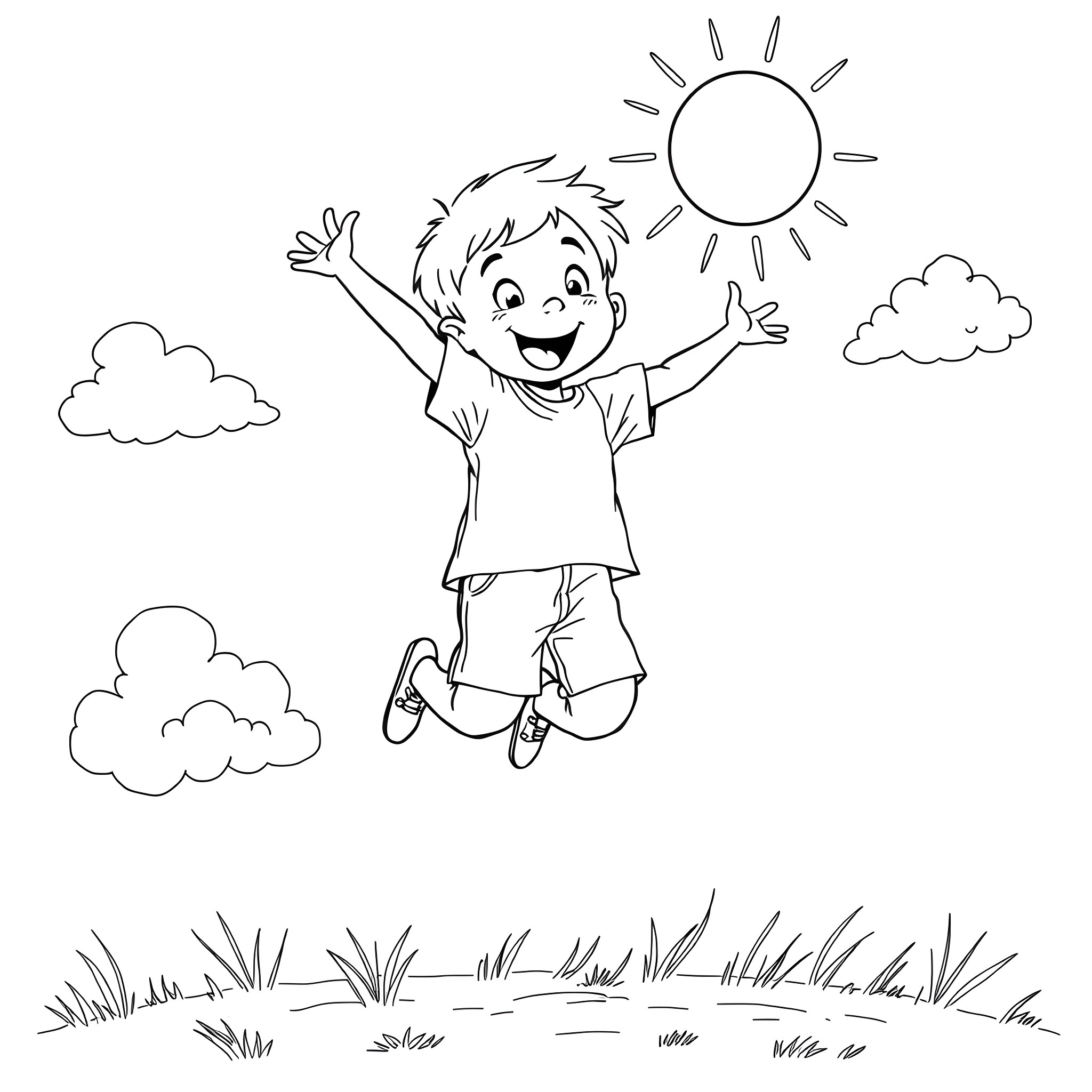 Boy joyfully jumping under the sun Coloring Page (free black-and-white line drawing printable PDF for all, from beginners to advanced learners, including children, teens, adults, and seniors)